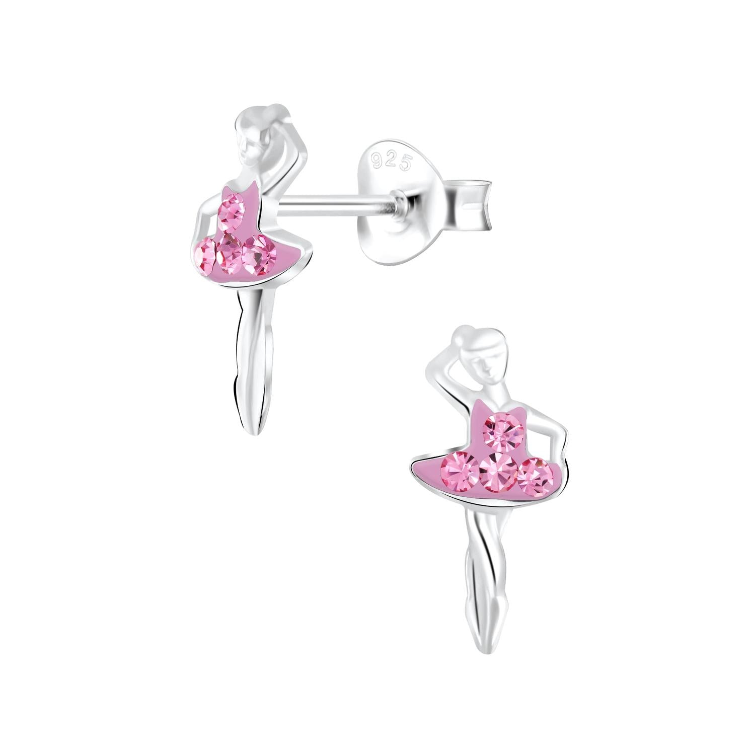 Melchior Jewellery ballerina earrings for girls with pink crystal tutu in sterling silver studs