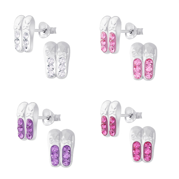 Melchior Jewellery ballet shoe stud earrings for kids in silver with white, pink, purple, and fuchsia crystals