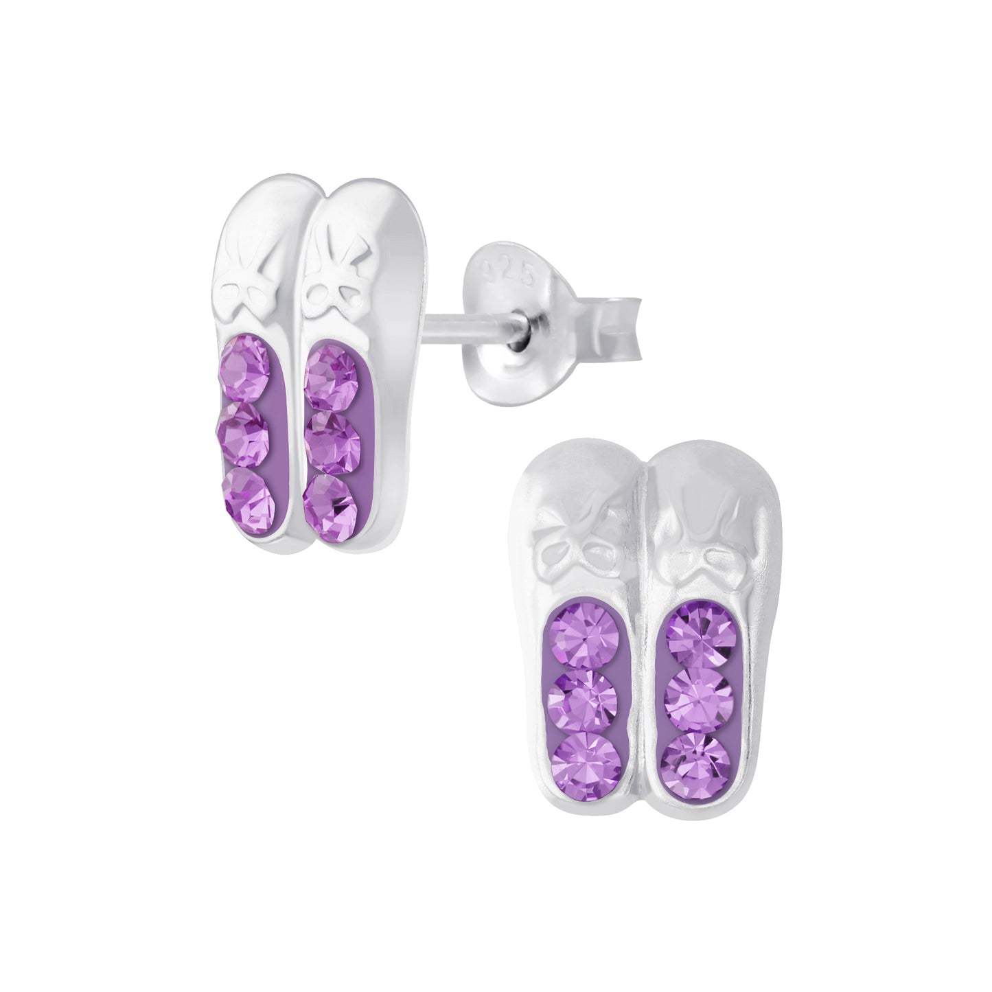 Melchior Jewellery ballet shoe stud earrings for kids in silver with purple gemstone details