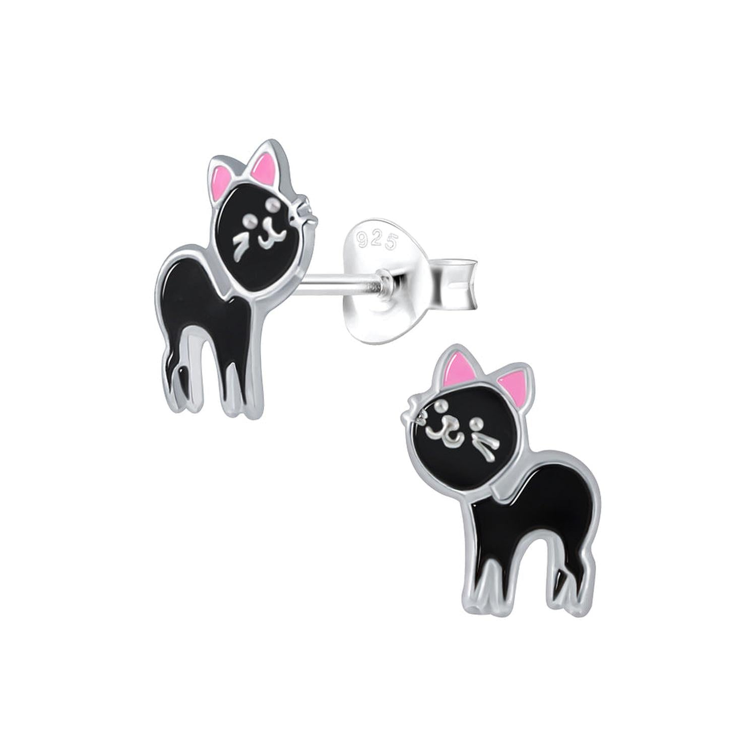 Melchior Jewellery black cat stud earrings for kids with silver and pink details
