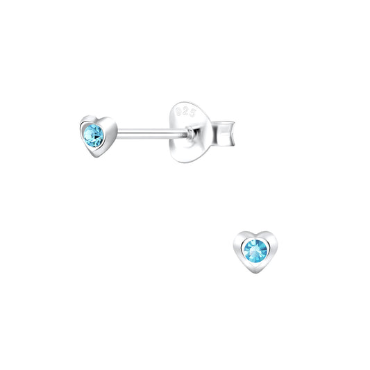 Blue crystal heart stud earrings for kids by Melchior Jewellery in sterling silver design