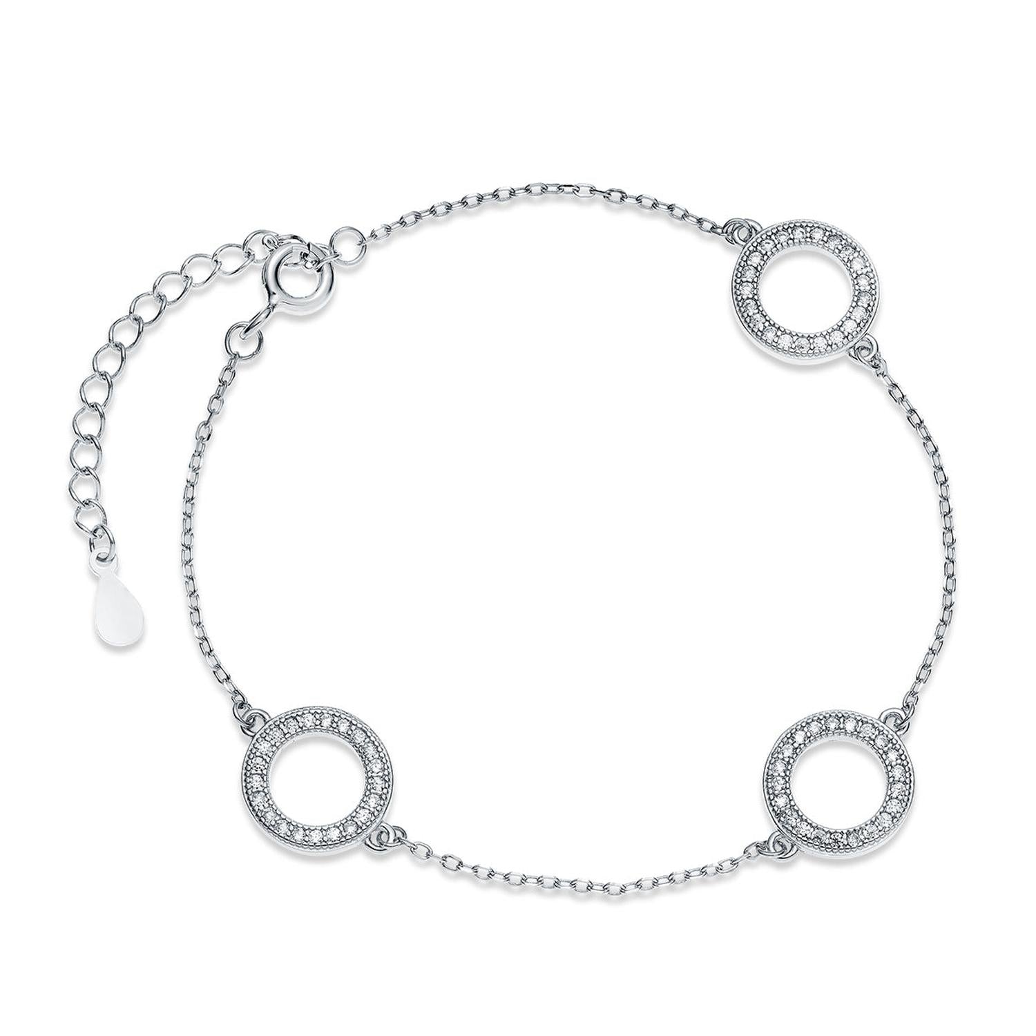 Melchior Jewellery celeste trio circle bracelet with three sparkling circular charms on a delicate silver chain