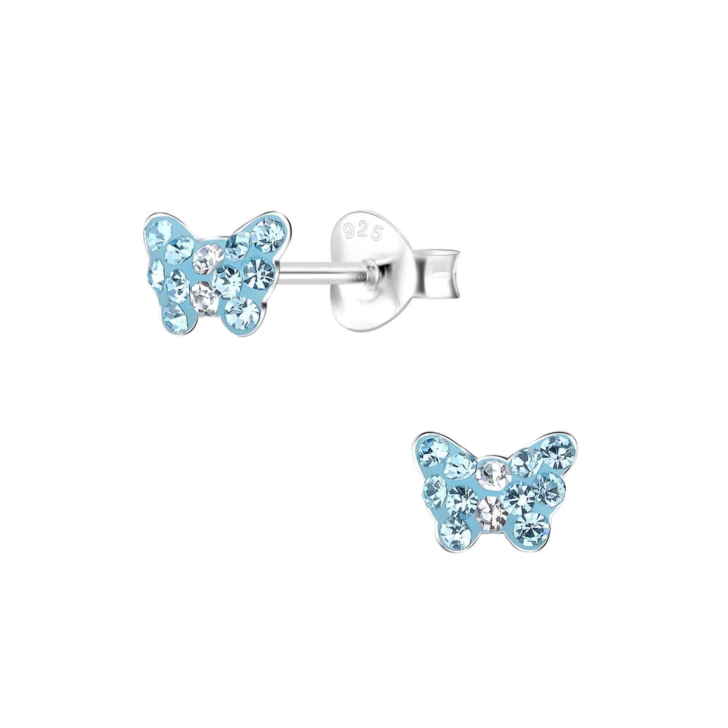 Melchior Jewellery Childrens Butterfly Stud Earrings in silver with blue and clear crystals