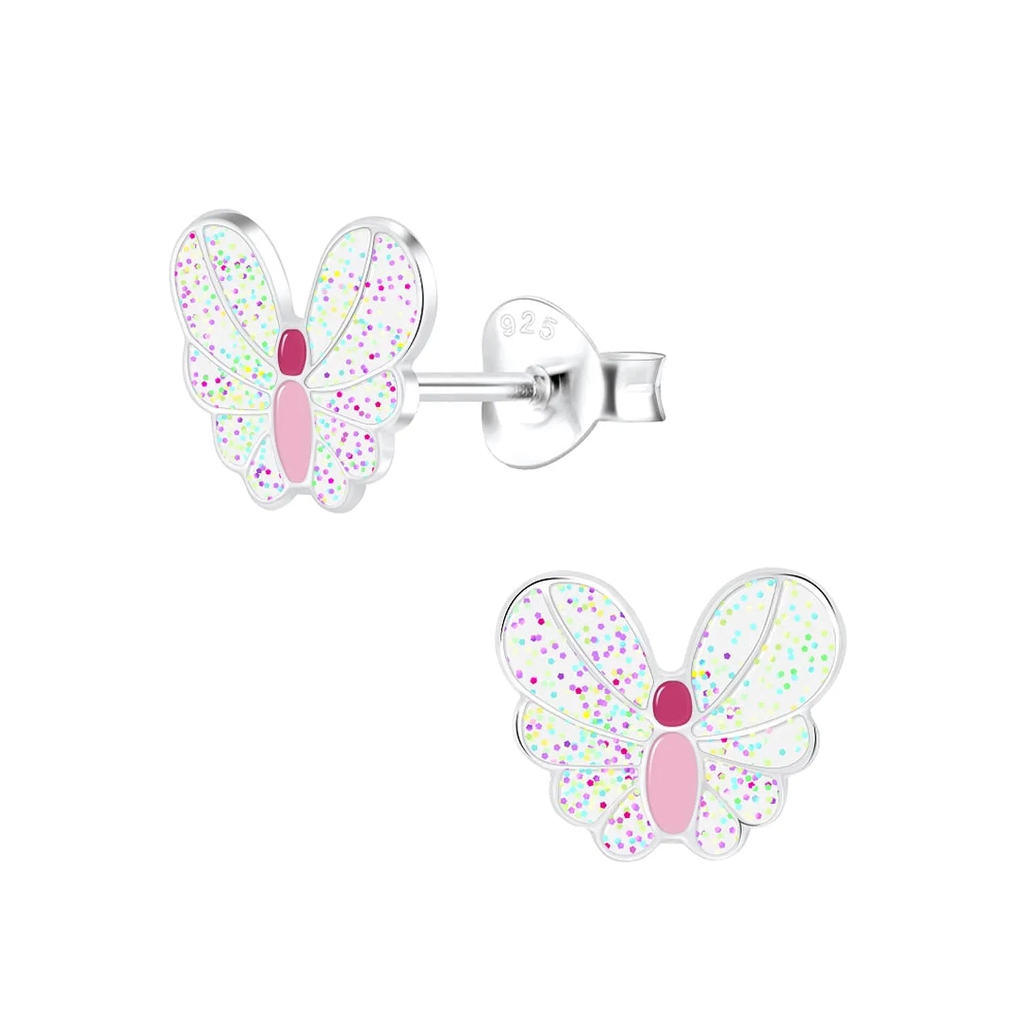 Childrens Butterfly Stud Earrings by Melchior Jewellery with pink and purple body and sparkly multicolour wings in silver