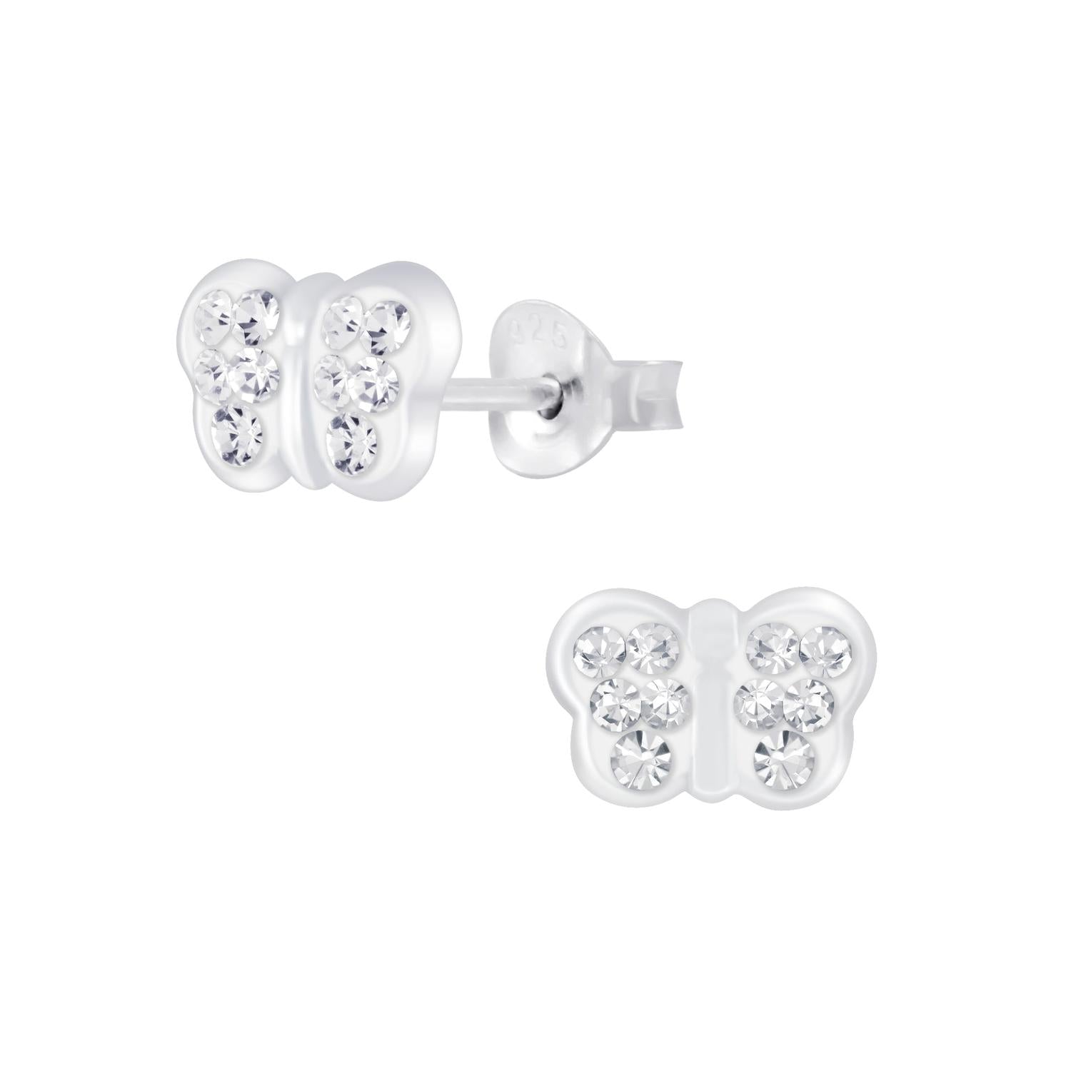 Melchior Jewellery childrens crystal butterfly stud earrings in silver with clear crystals