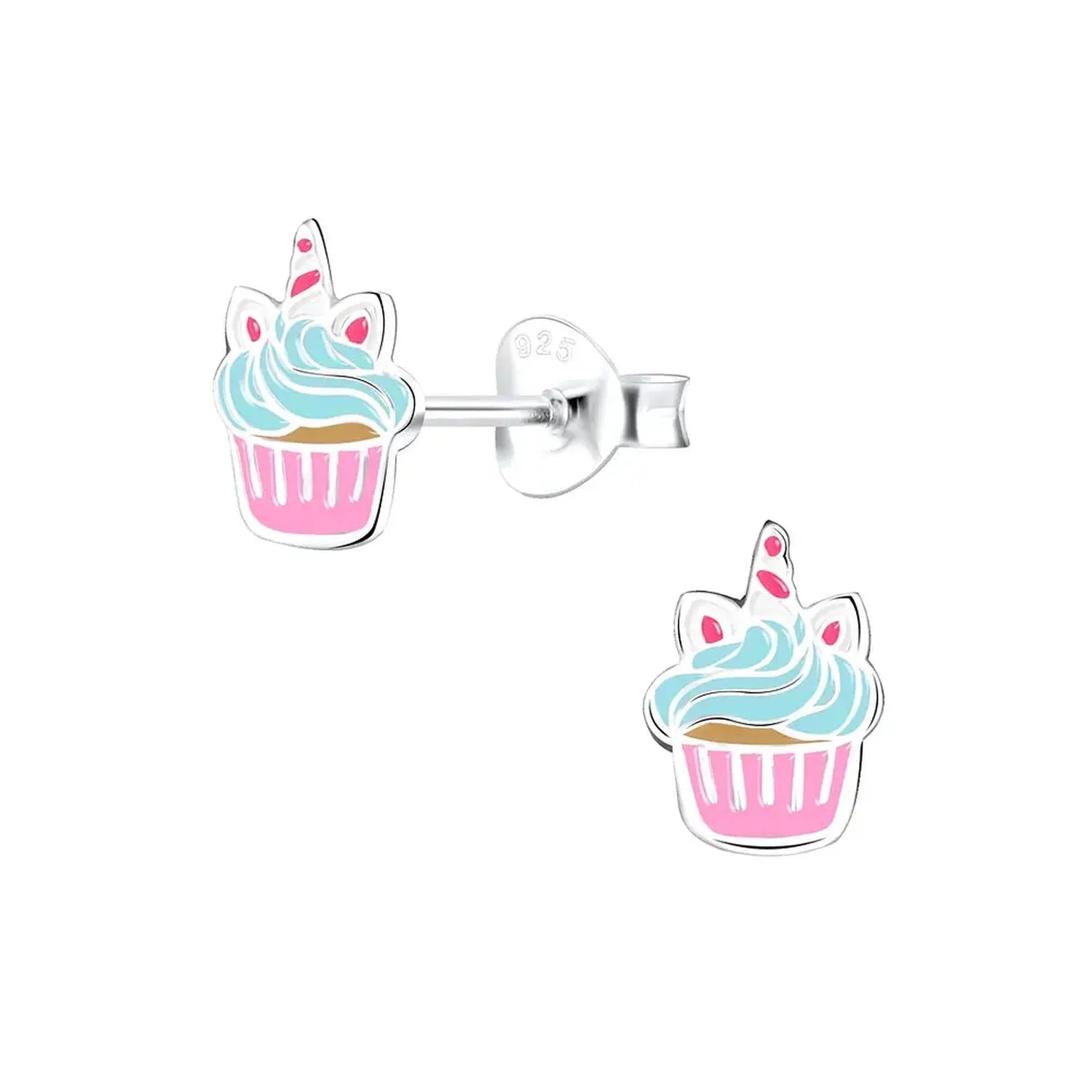 Melchior Jewellery childrens cupcake stud earrings in silver with pink cupcake cases and blue swirled icing