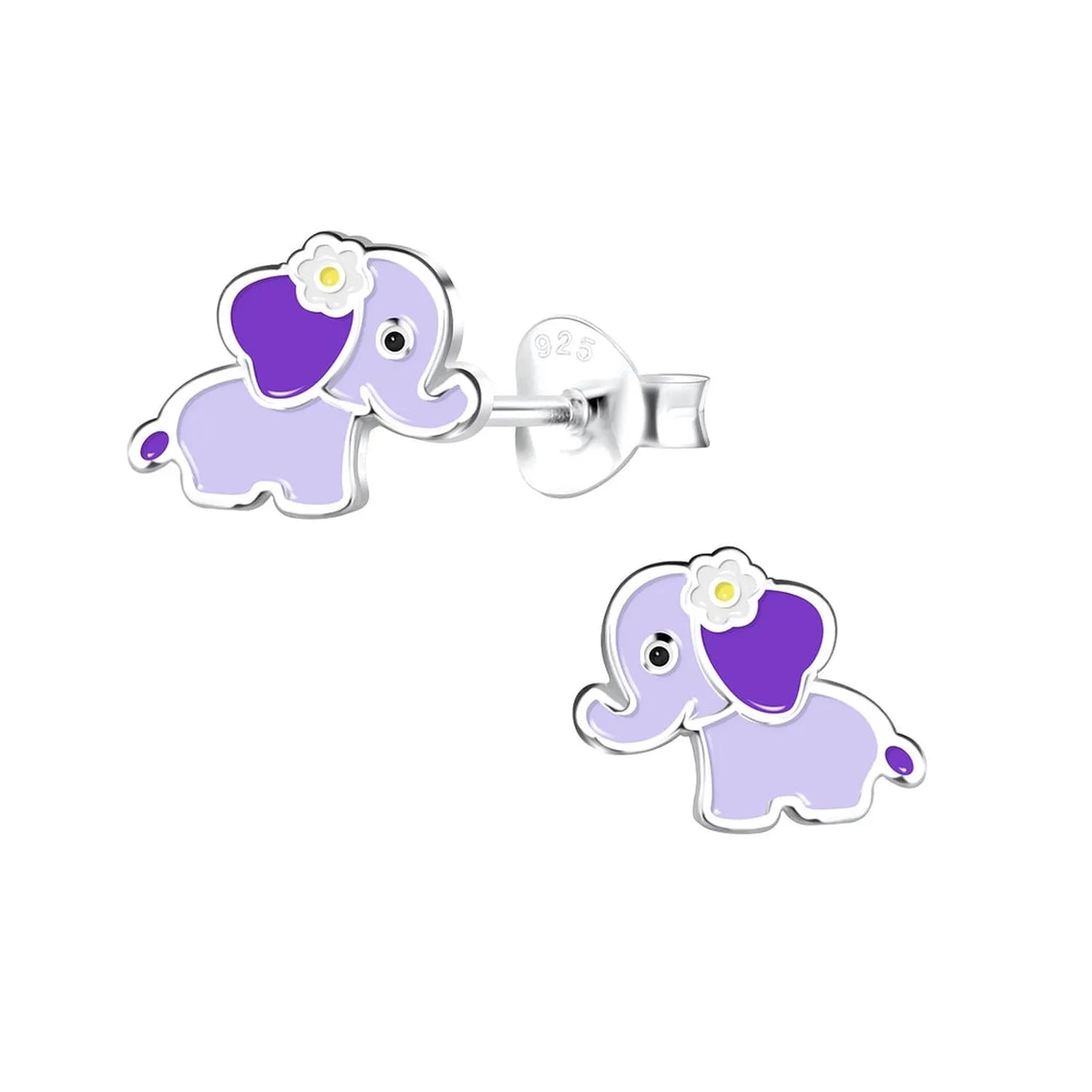 Melchior Jewellery Childrens Elephant Stud Earrings in silver with purple enamel and white flower detail