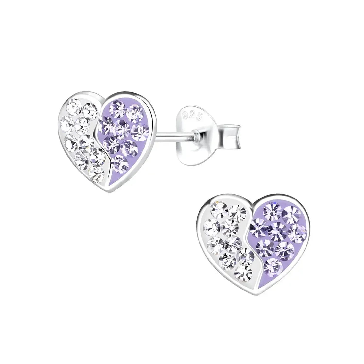 Sterling silver childrens heart stud earrings with half clear and half purple crystals by Melchior Jewellery