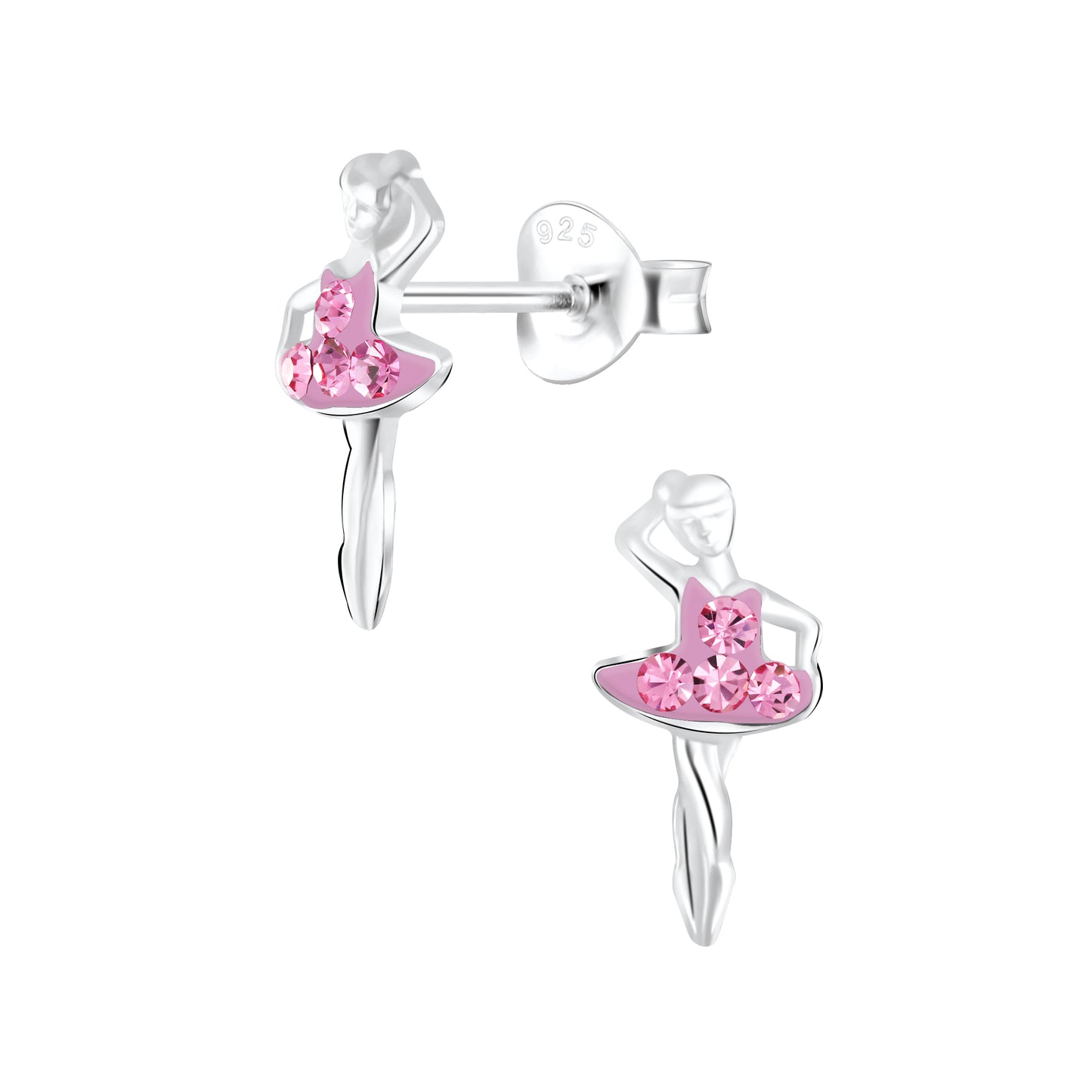 Melchior Jewellery children's pink ballerina earrings with silver finish and pink gemstone detail