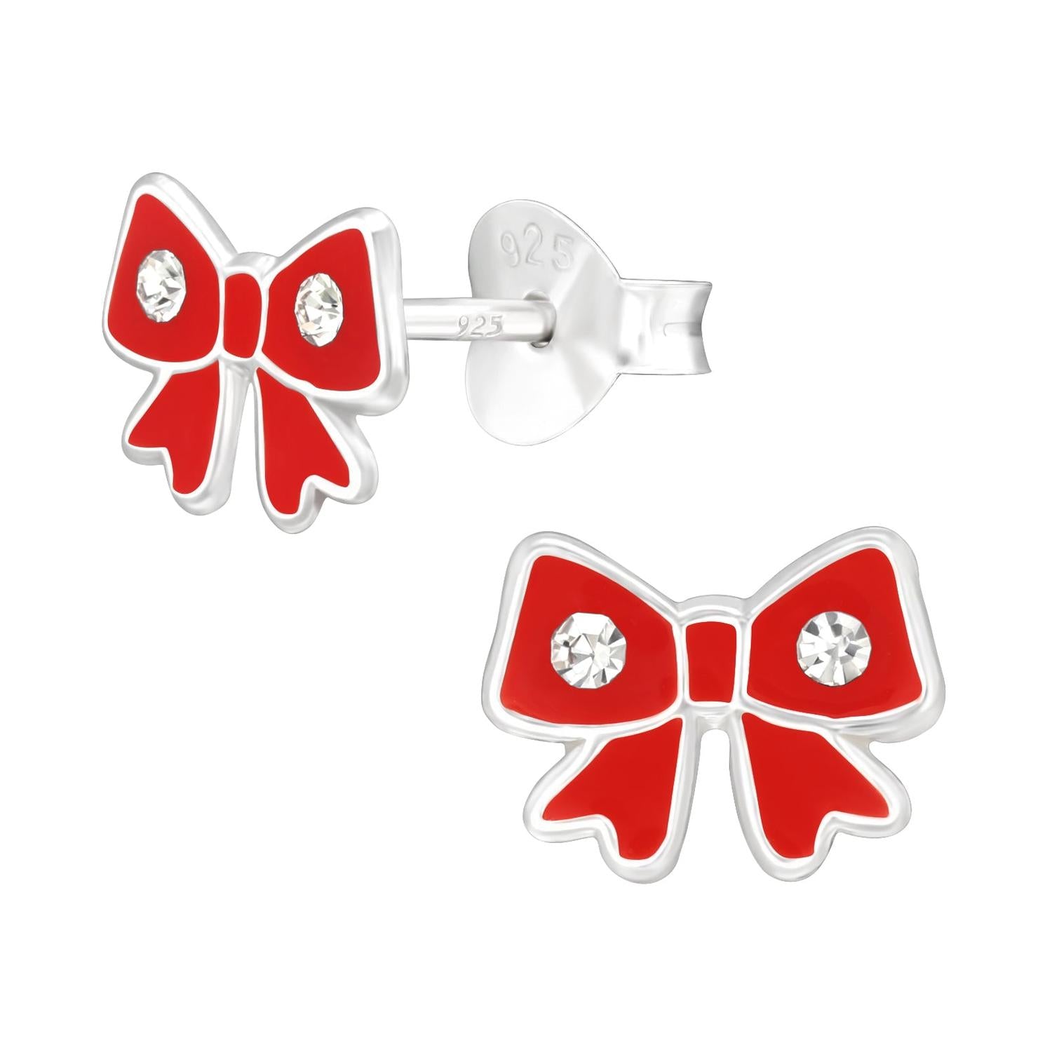 Melchior Jewellery childrens red bow stud earrings in sterling silver with bright red enamel and clear crystal accents