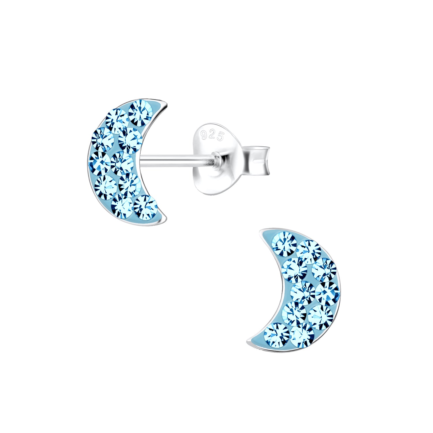 Melchior Childrens Silver Aqua Crescent Moon Stud Earrings with sparkling light blue crystals