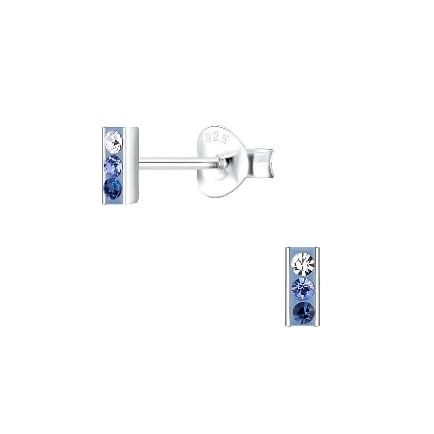 Childrens Silver Bar Stud Earrings by Melchior Jewellery with three blue and clear gemstones in silver setting