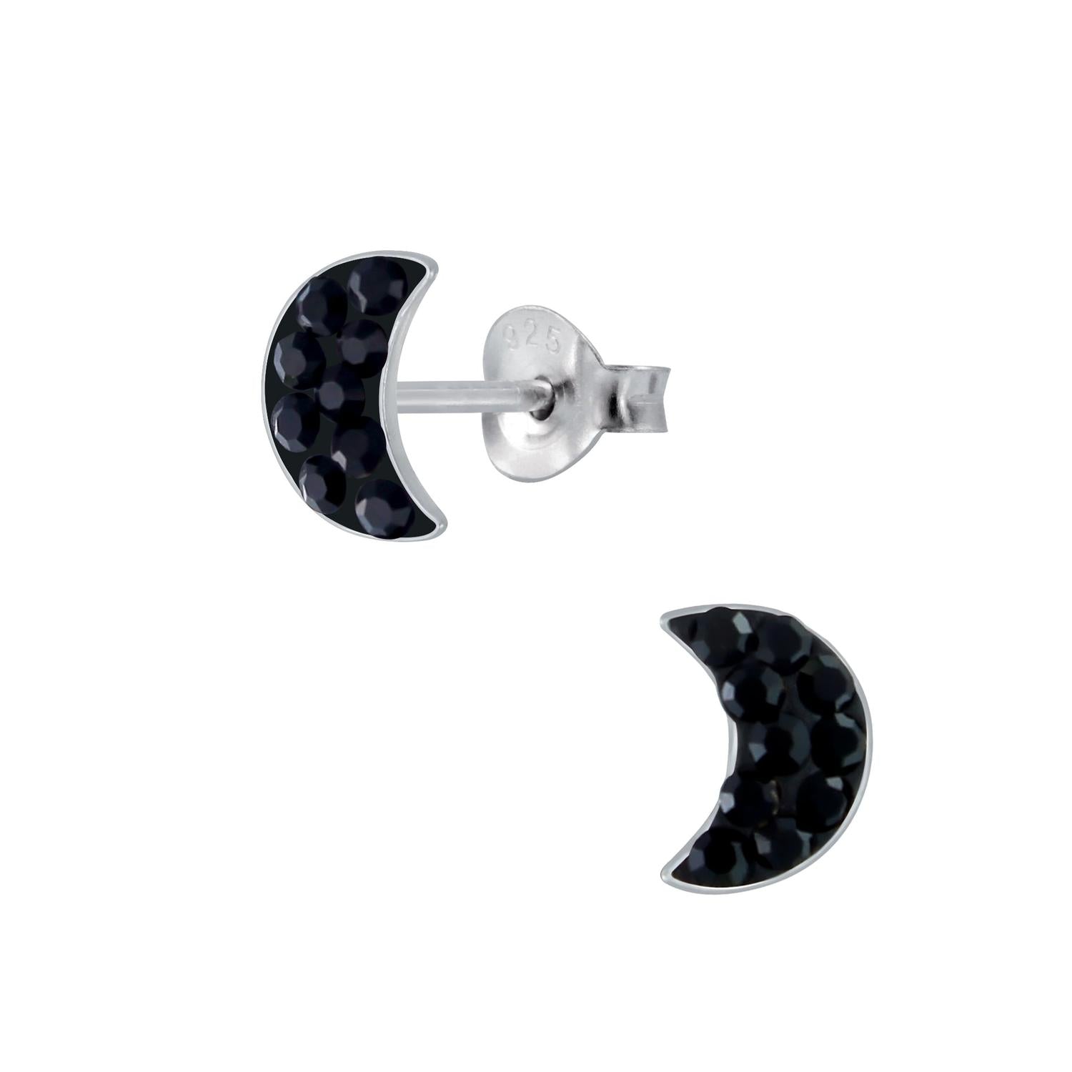 Childrens Silver Black Moon Stud Earrings by Melchior Jewellery featuring crescent moon shape with faceted black stones