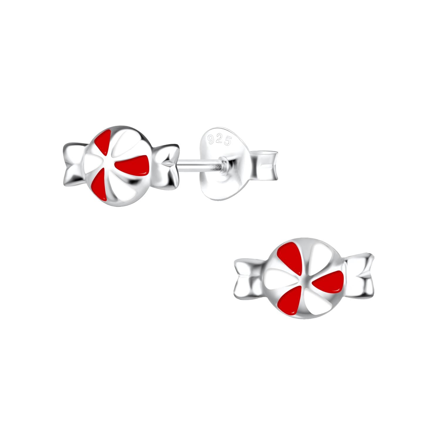 Childrens Silver Candy Sweet Stud Earrings by Melchior Jewellery with red enamel detailing on sterling silver candy design