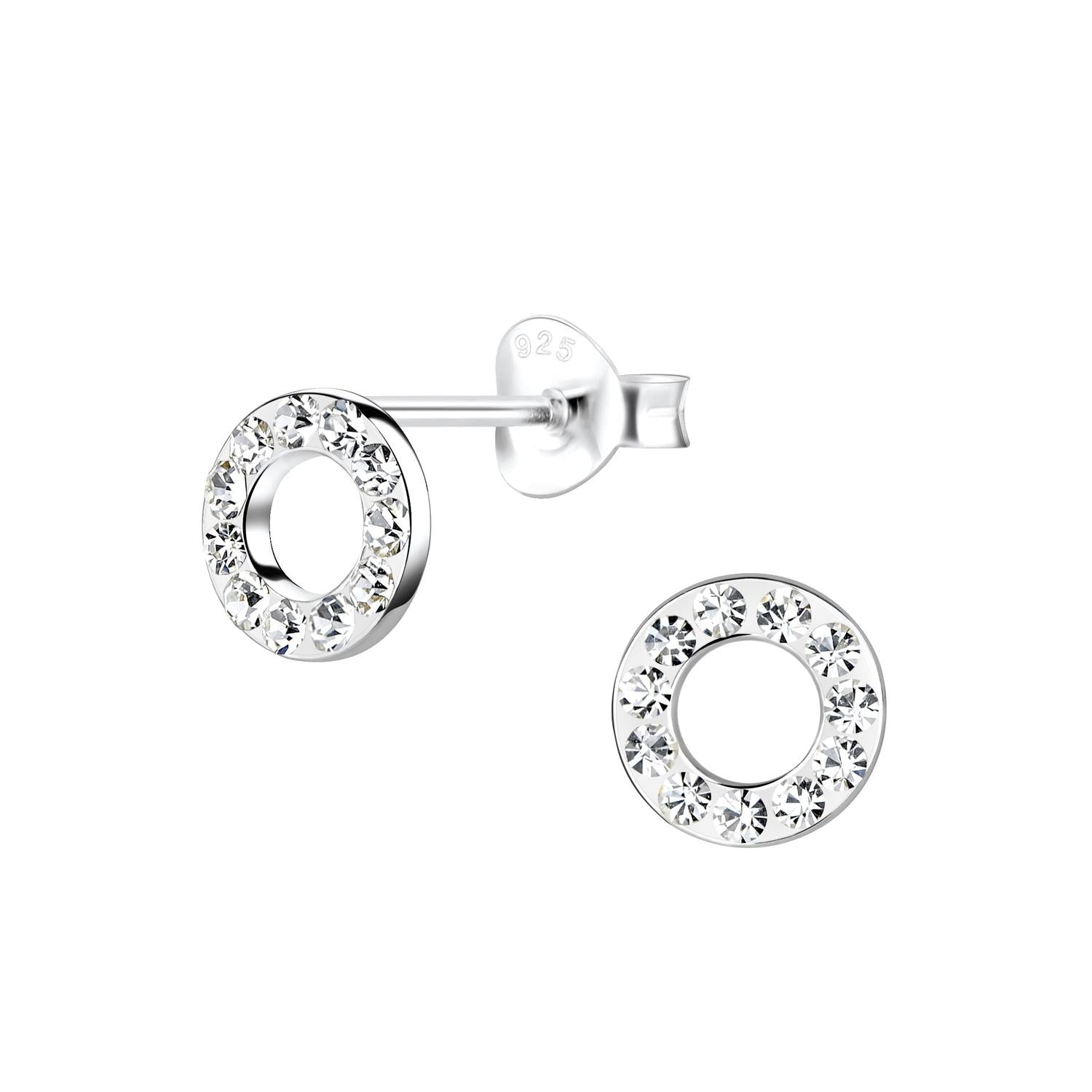 Childrens Silver Circle Stud Earrings by Melchior Jewellery featuring small crystal stones set in polished silver studs