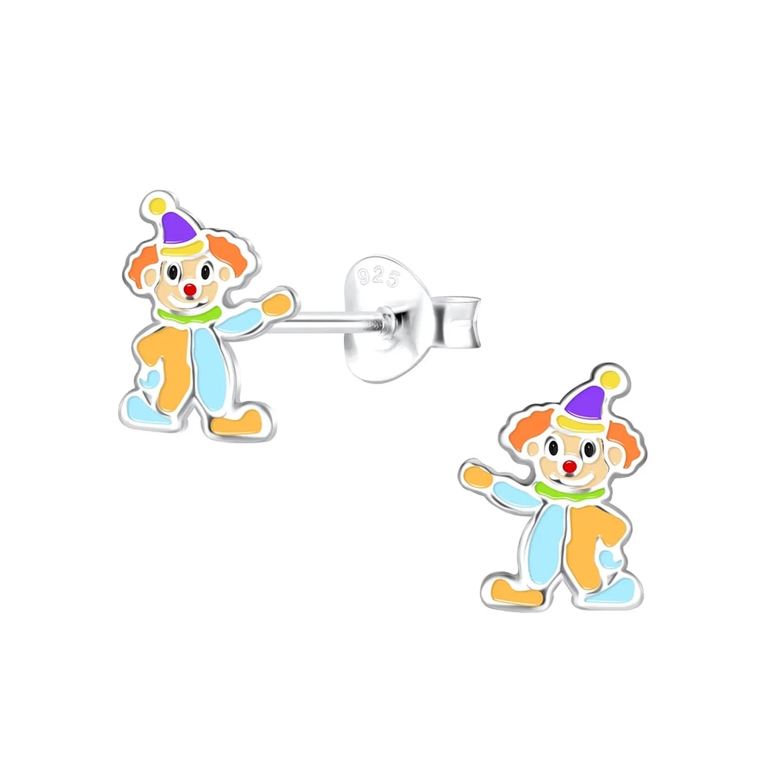 Melchior Jewellery childrens silver clown earrings with colourful enamel in purple hat orange hair and blue outfit
