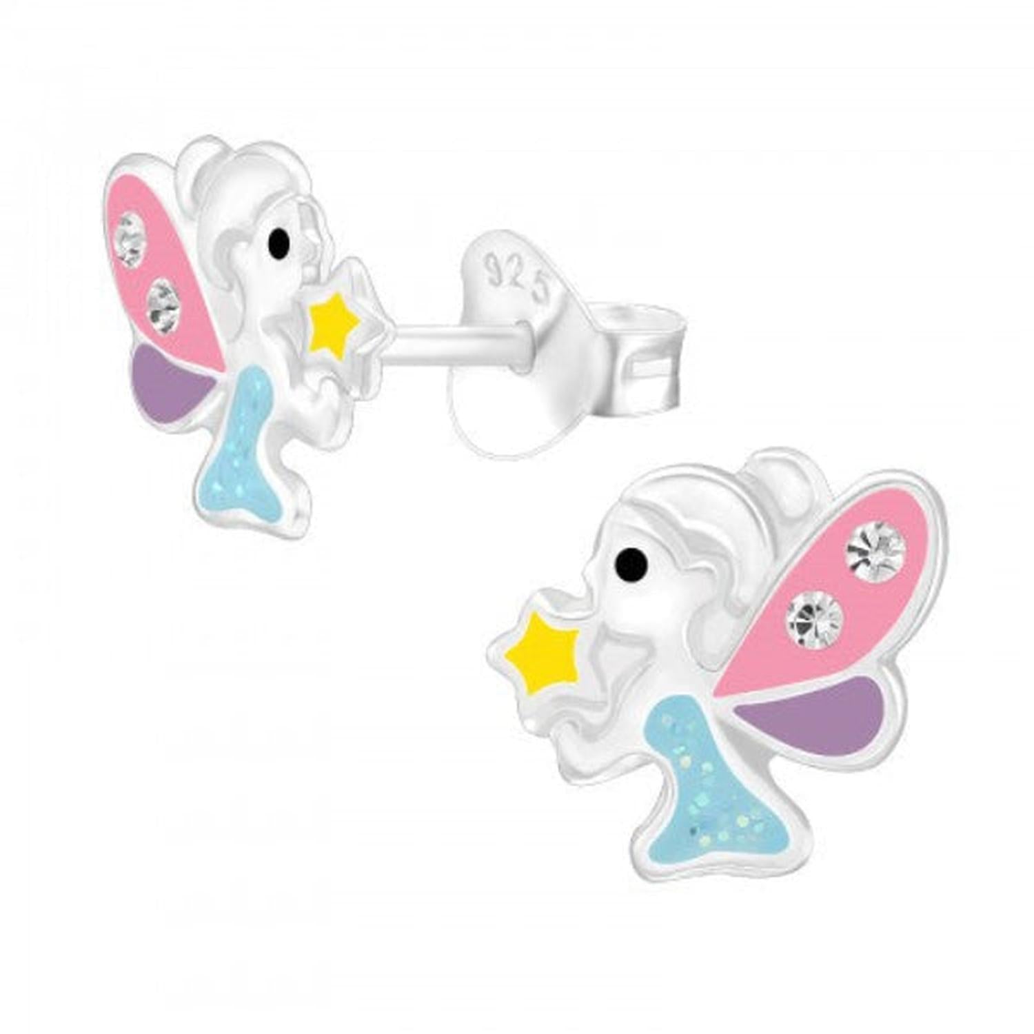 Childrens silver fairy stud earrings by Melchior Jewellery featuring colourful wings in pink, purple, blue and yellow star detail