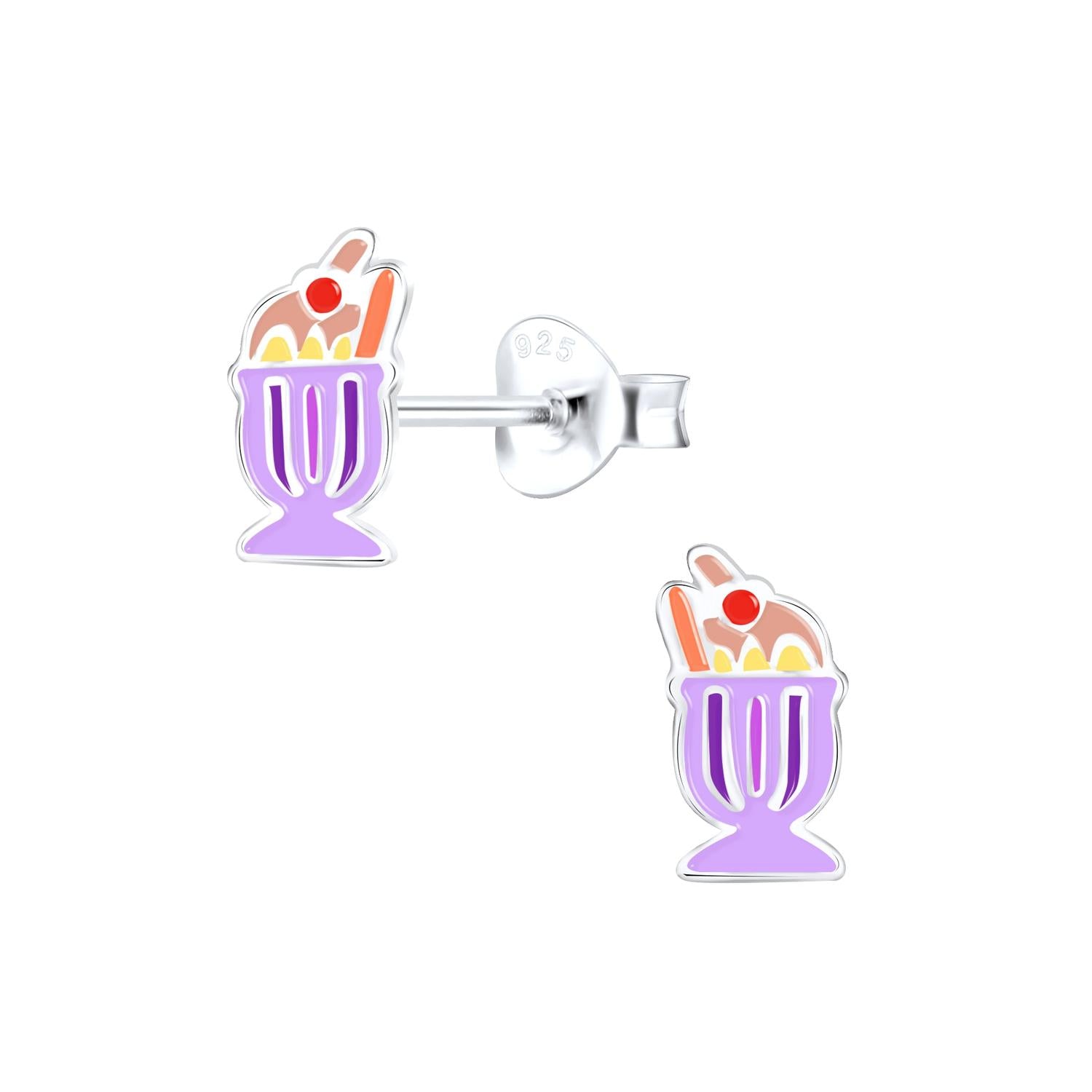 Childrens Silver Ice Cream Sundae Ear Studs by Melchior Jewellery with purple sundae glass and red cherry detail