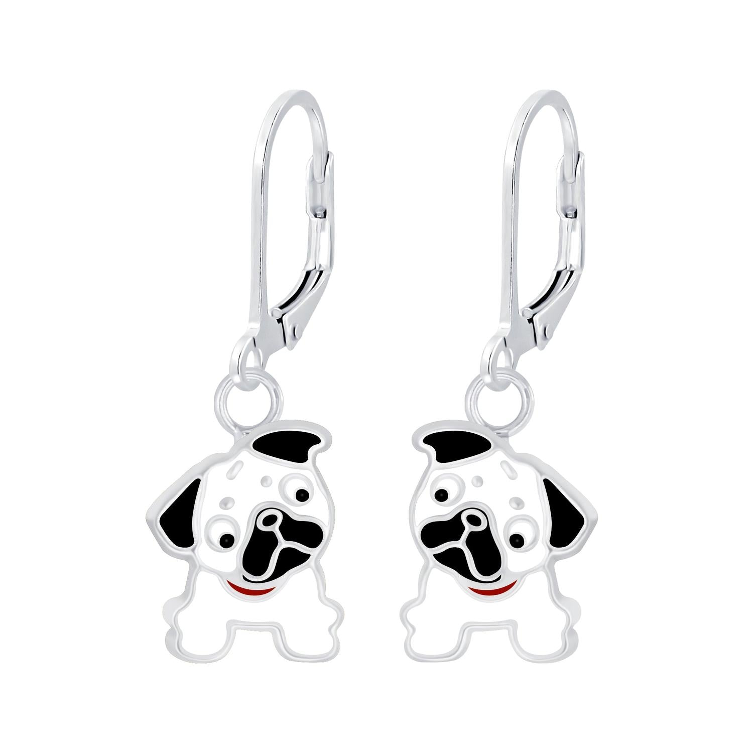 Childrens silver pug dog earrings with black and white enamel detailing and red collar by Melchior Jewellery