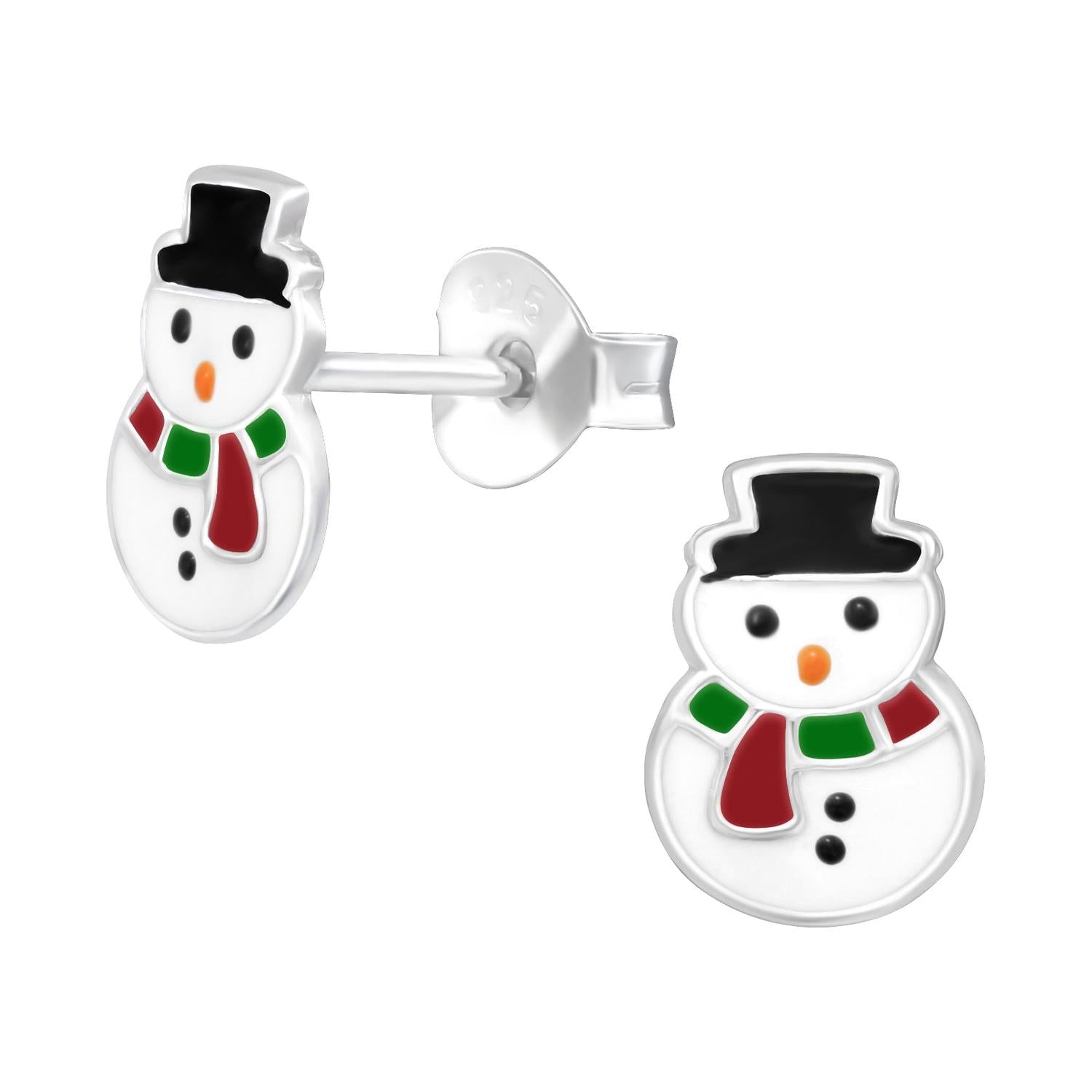 Childrens silver snowman stud earrings by Melchior Jewellery with black hat red and green scarf details
