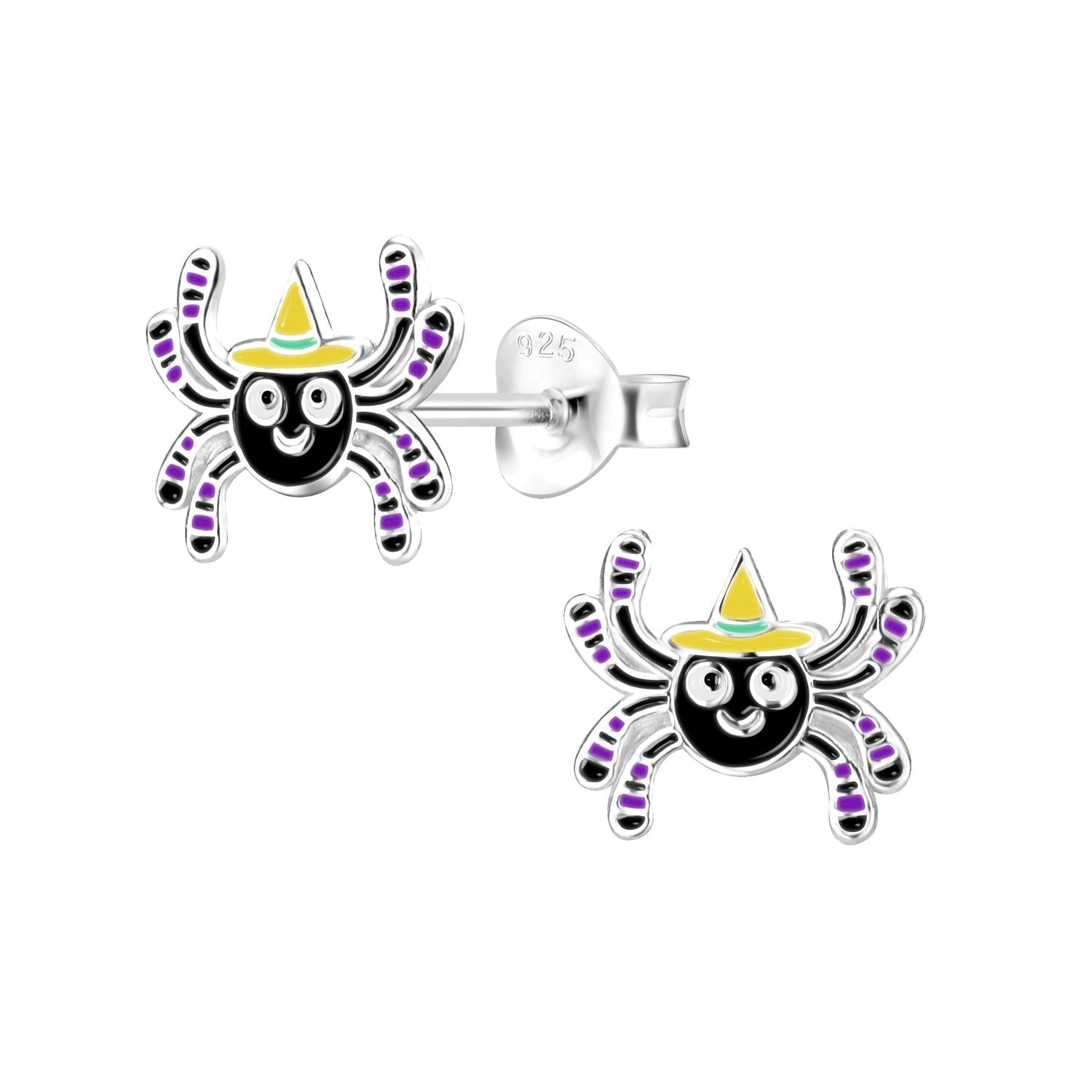Childrens Silver Spider Stud Earrings with black and purple striped legs and yellow witch hats by Melchior Jewellery