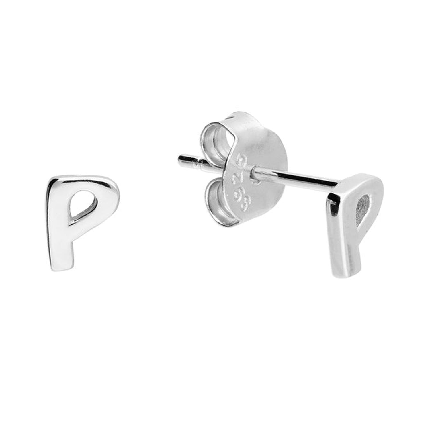 Childrens Sterling Silver Alphabet Letter Stud Earrings in shiny silver featuring letter P from Melchior Jewellery