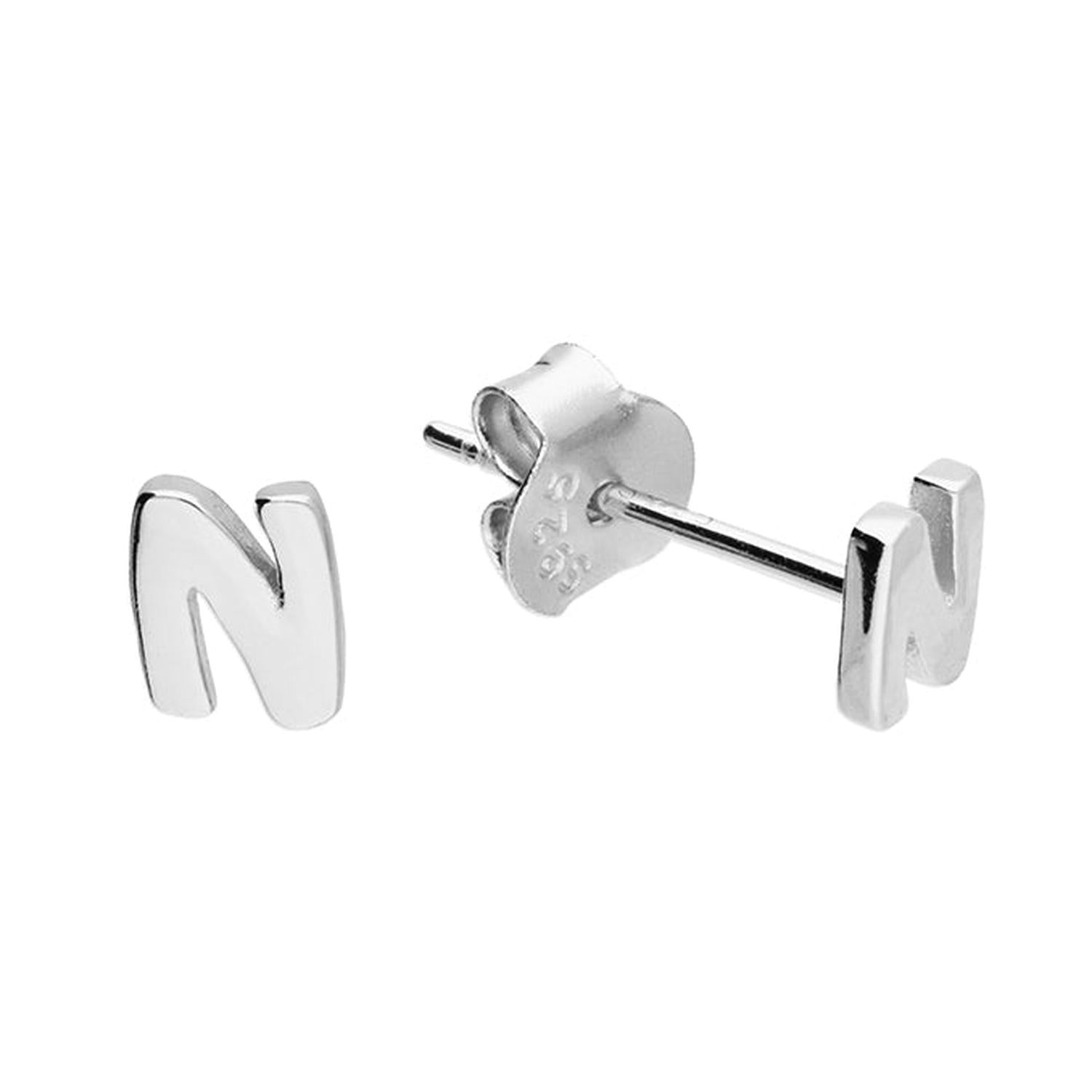 Shiny silver Childrens Sterling Silver Alphabet Letter Stud Earrings featuring the letter N by Melchior Jewellery