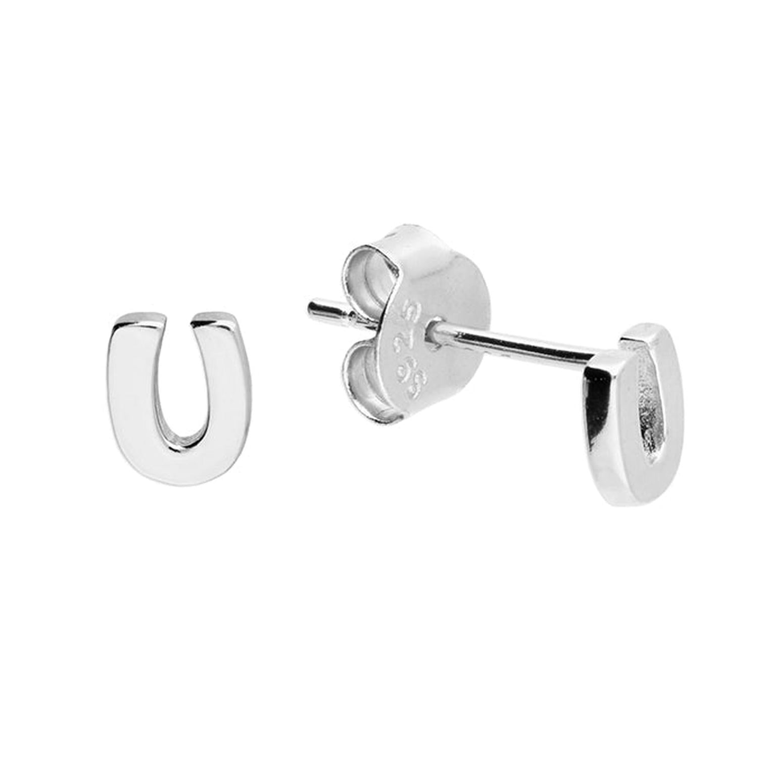 Childrens Sterling Silver Alphabet Letter Stud Earrings in polished silver with letter U design from Melchior Jewellery