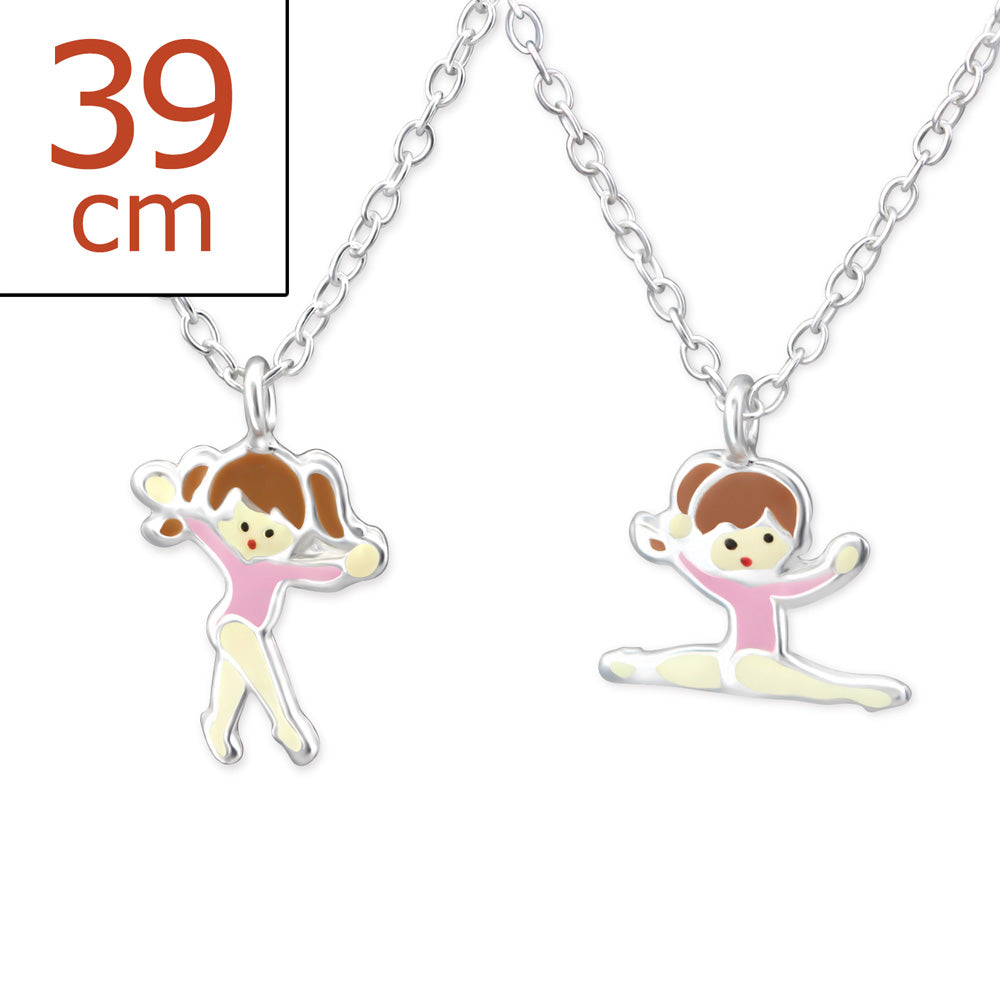 Melchior Jewellery children's sterling silver ballerina necklace two pink enamel charms on 39 cm chains showing two dancing poses
