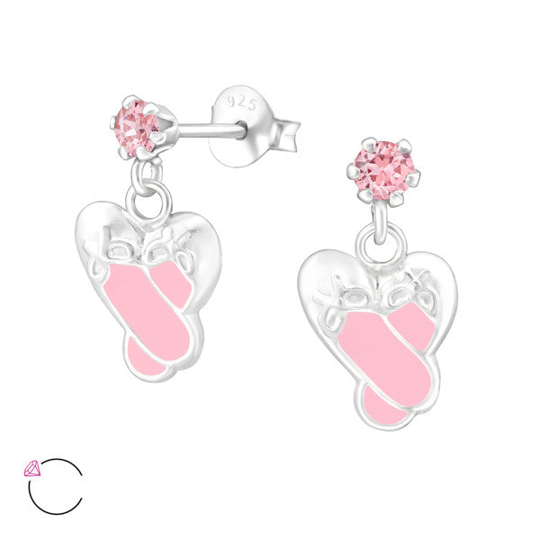 Melchior Jewellery children's sterling silver ballet earrings pink crystal stud with enamel ballet slipper drops