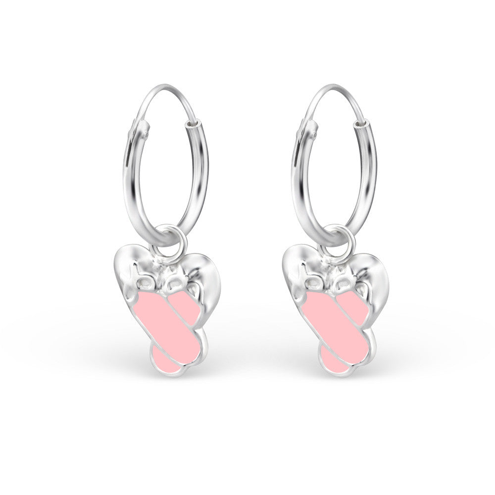 Melchior Jewellery children's sterling silver ballet shoe earrings with pink enamel hoop drops
