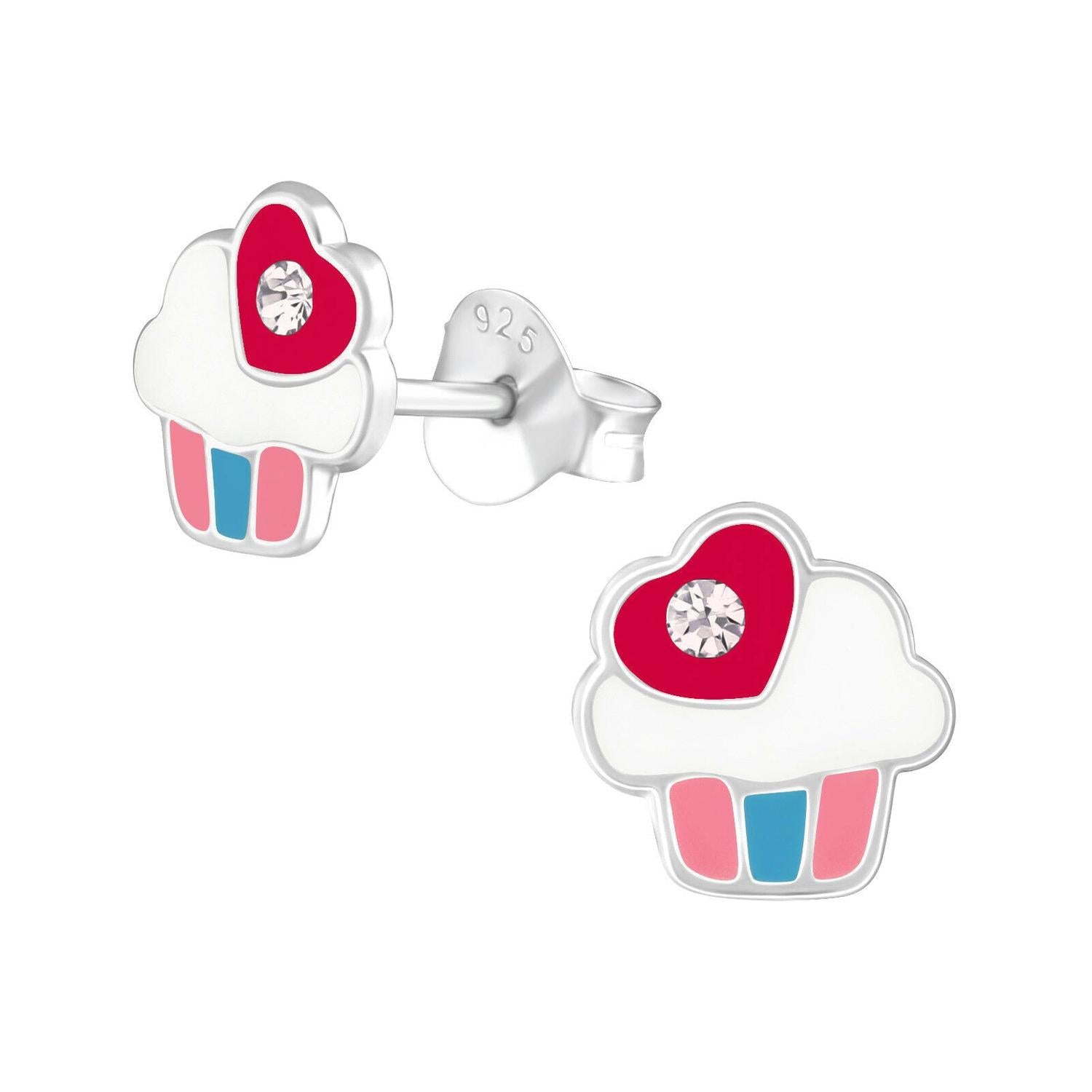 Childrens Sterling Silver Cupcake Stud Earrings with white icing, pink and blue base, red heart detail and clear gemstone