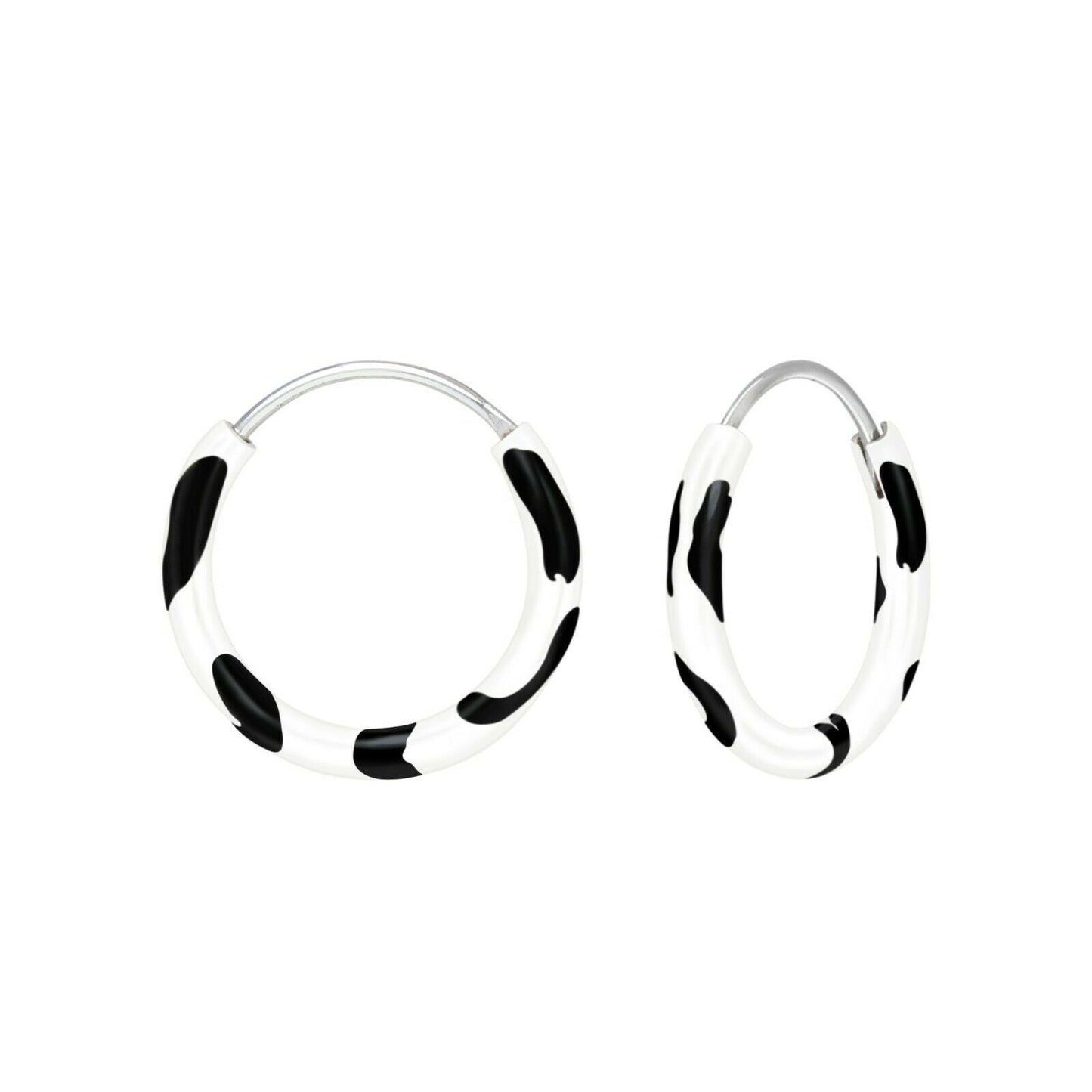 Melchior Jewellery children's sterling silver hoop earrings small black and white cow print enamel hoops