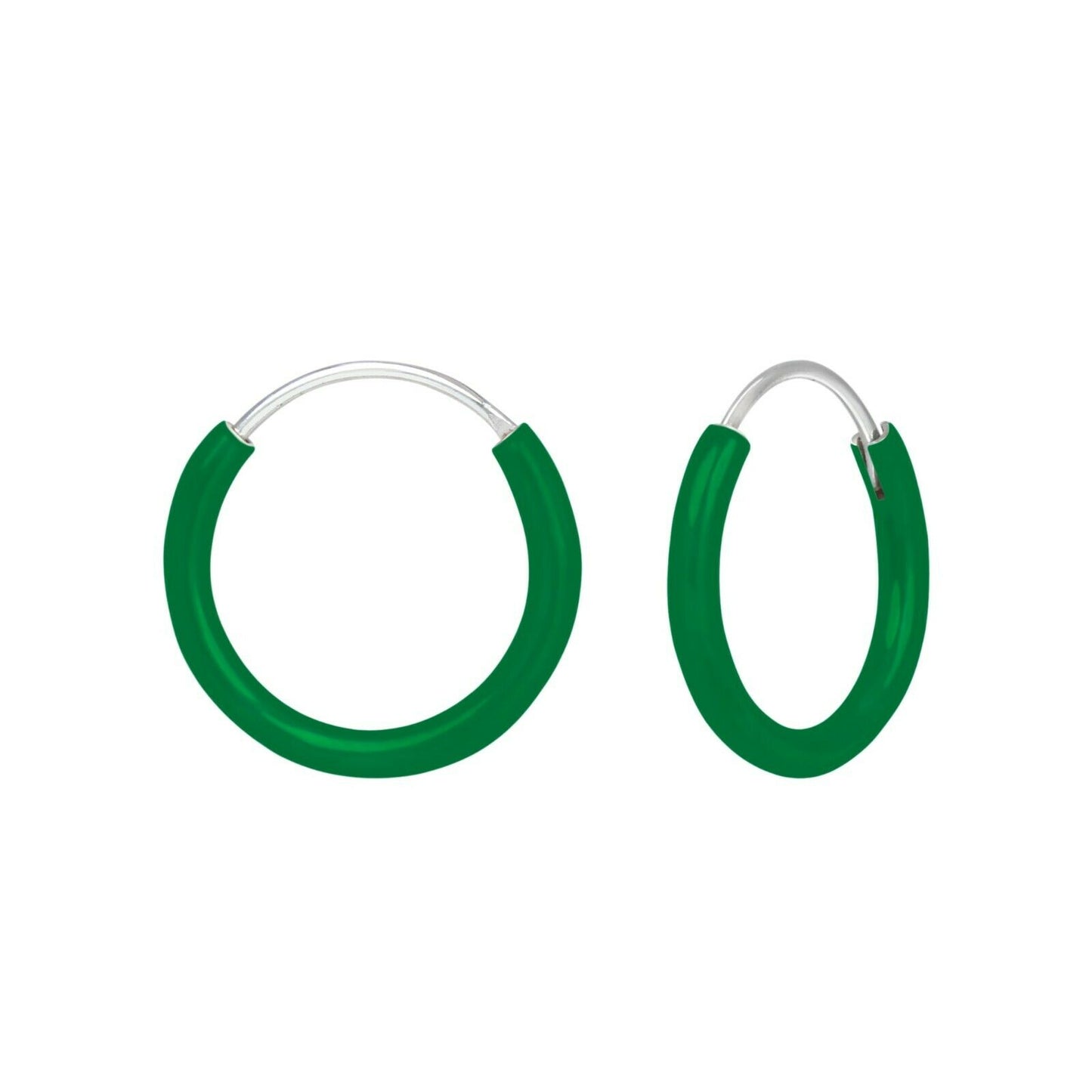 Melchior Jewellery green enamel children's sterling silver hoop earrings with secure hinge fastening