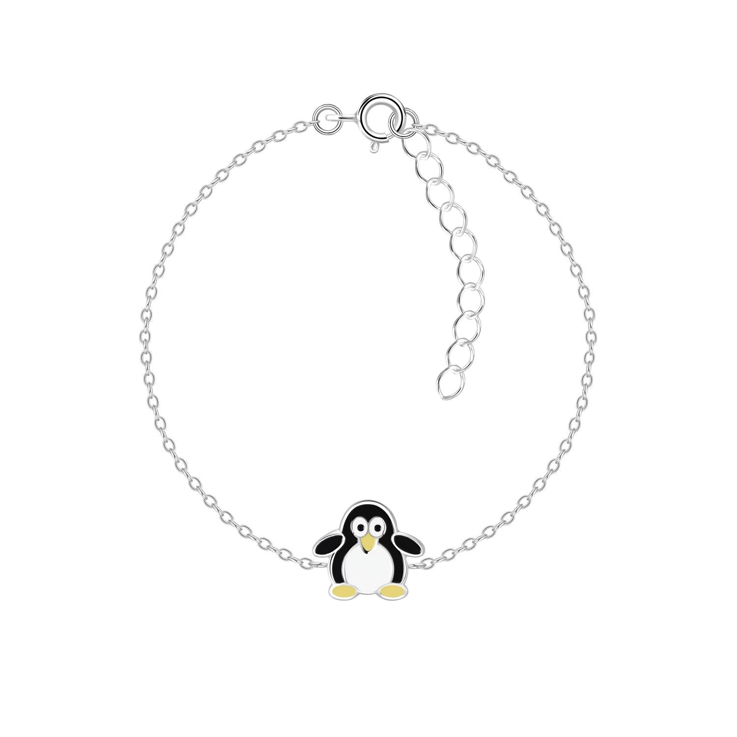 Childrens Sterling Silver Penguin Bracelet with black and white enamel penguin and yellow feet by Melchior Jewellery