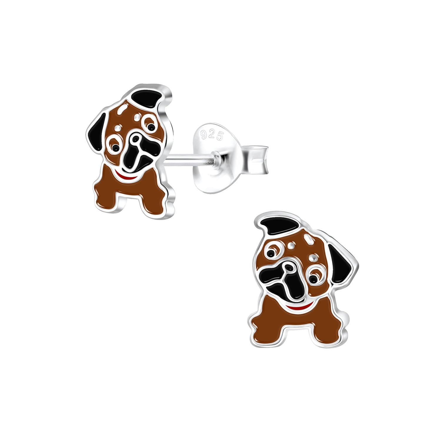 Melchior Jewellery children's sterling silver pug earrings with brown enamel detailing