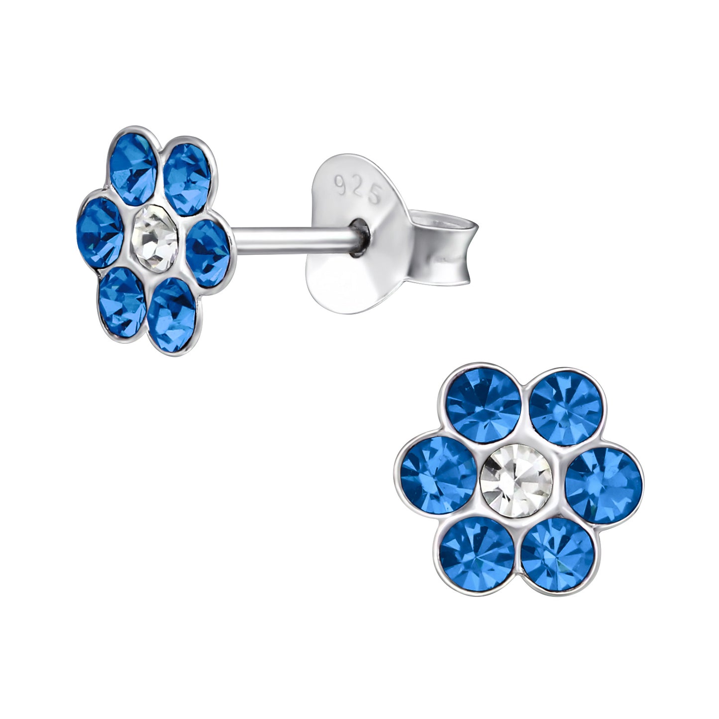 Melchior Jewellery children's sterling silver sapphire earrings floral blue crystal studs with clear centre 925 stamp