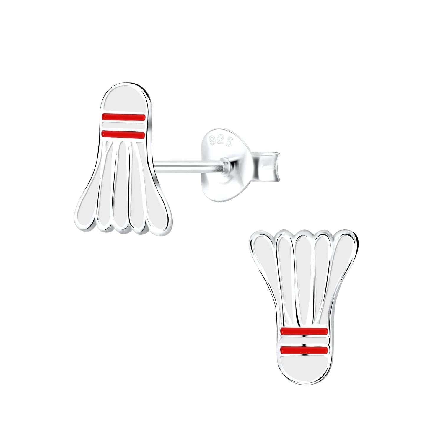 Childrens Sterling Silver Shuttlecock Stud Earrings with red enamel stripes by Melchior Jewellery