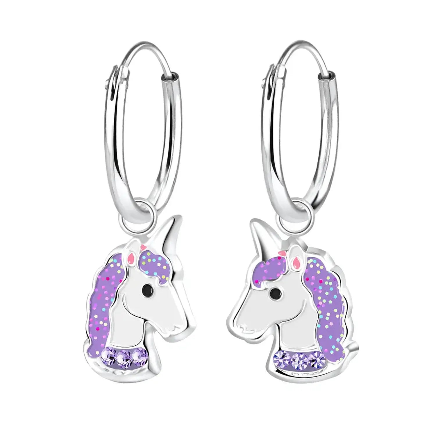 Melchior Jewellery childrens unicorn hoop earrings with silver hoops and purple glitter unicorn charms with rhinestone collars