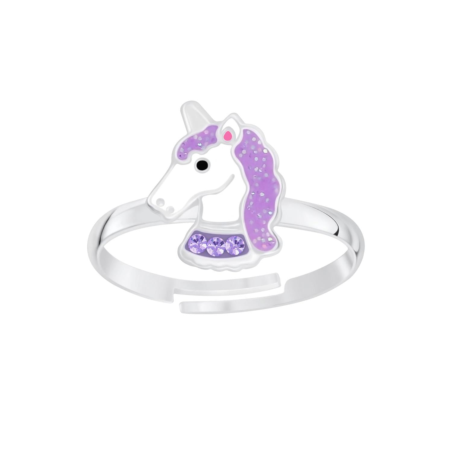 Melchior Jewellery childrens unicorn ring with purple enamel and adjustable silver band