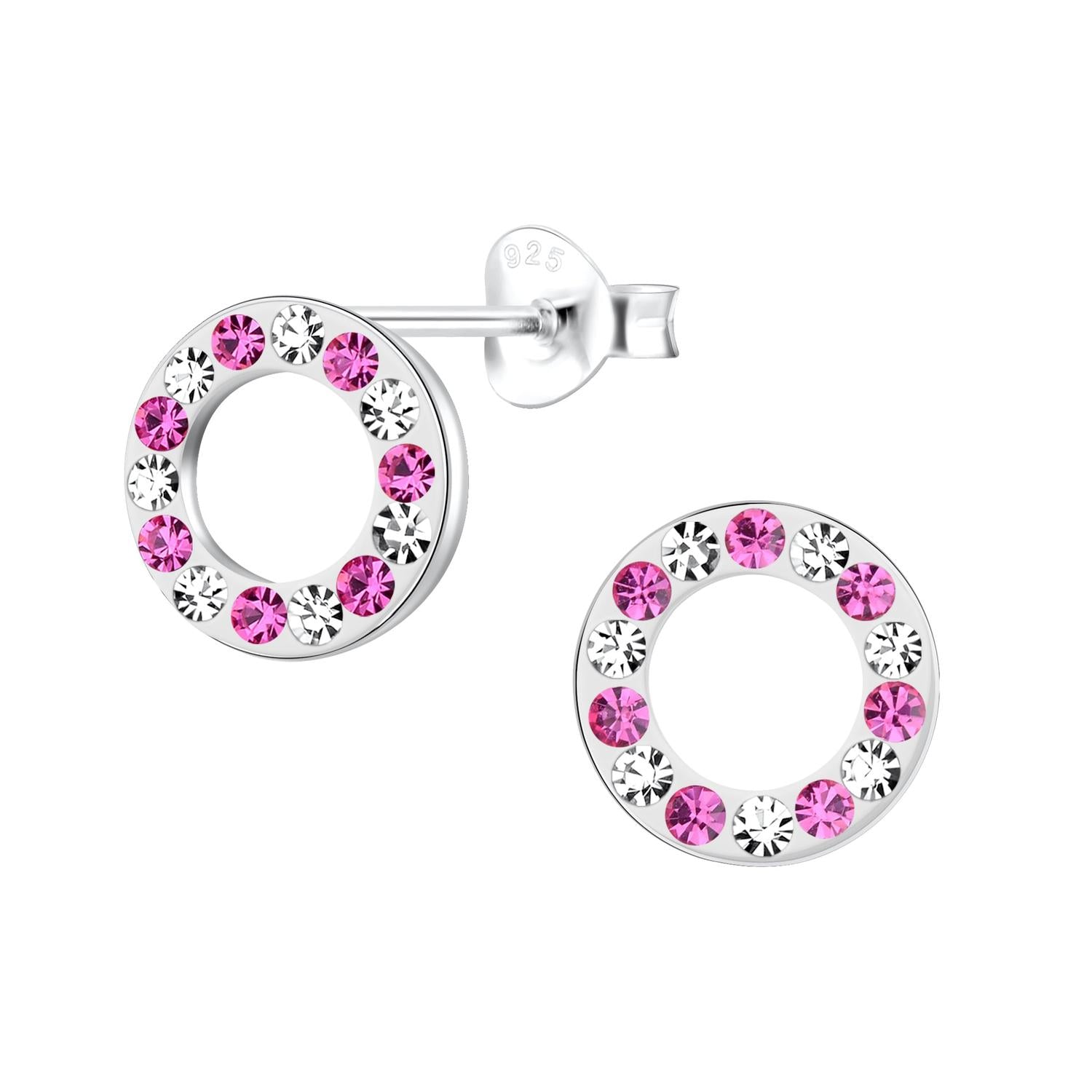 Melchior Jewellery silver Circle Stud Earrings adorned with alternating pink and clear crystals