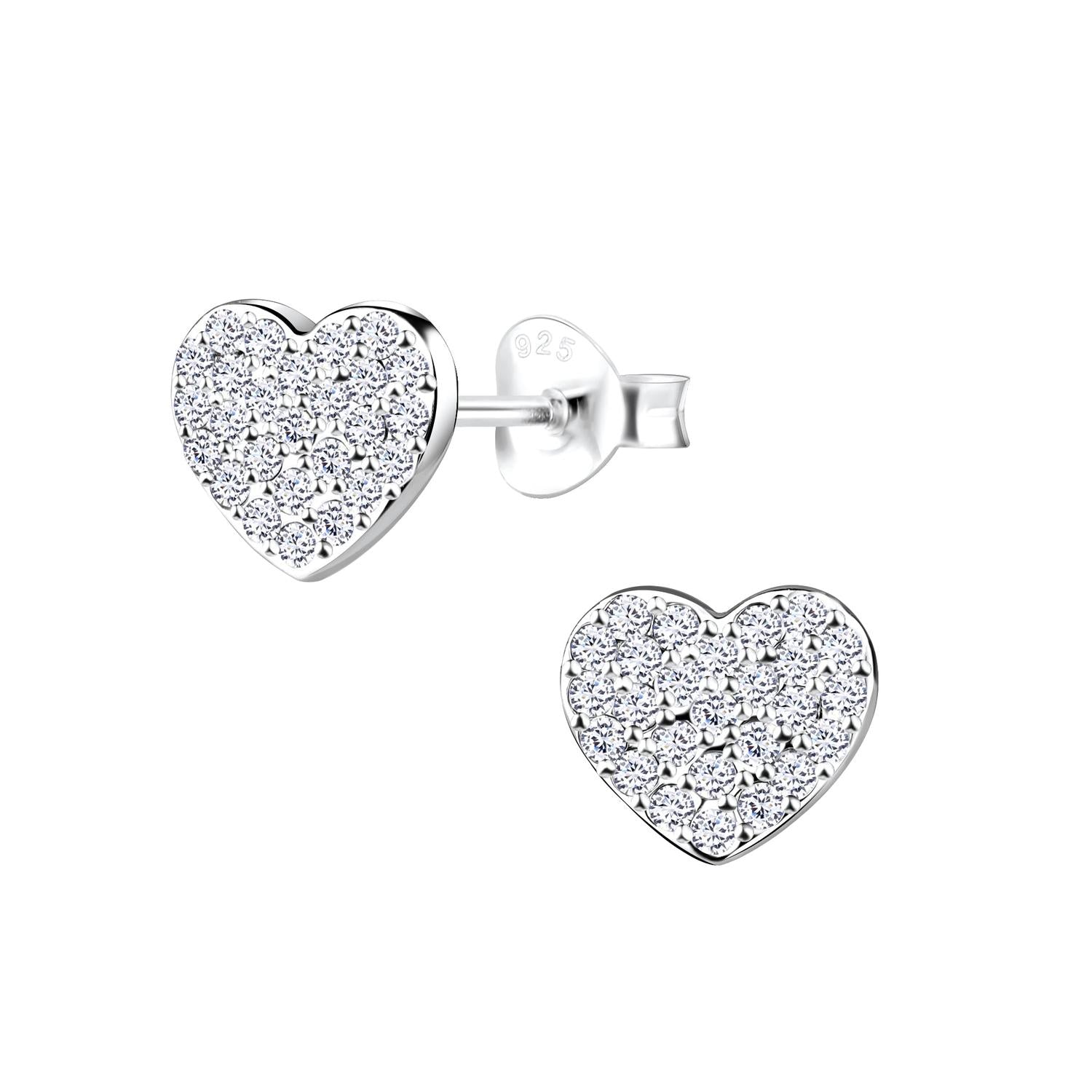 Melchior Jewellery clear crystal heart earrings in silver with sparkling stones and stud backs
