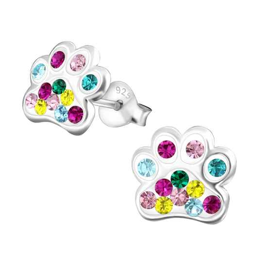 Melchior Jewellery sterling 925 silver colourful paw print stud earrings with multicolour crystals for everyday wear
