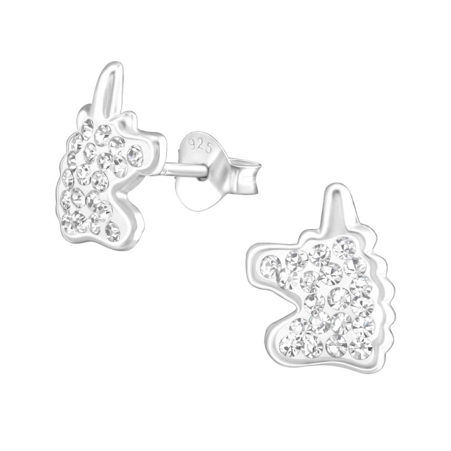 Melchior Jewellery silver crystal unicorn earrings studded with clear sparkling crystals in unicorn shape