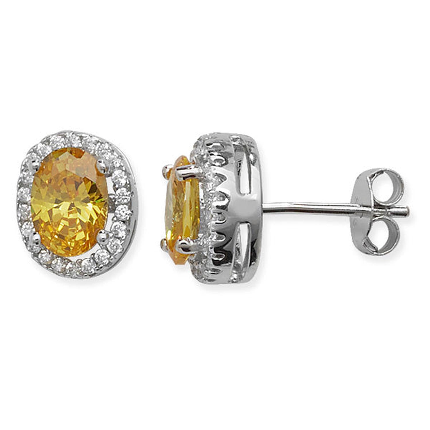 Melchior Jewellery Cubic Zirconia Halo Stud Earrings with yellow centre stones in silver setting