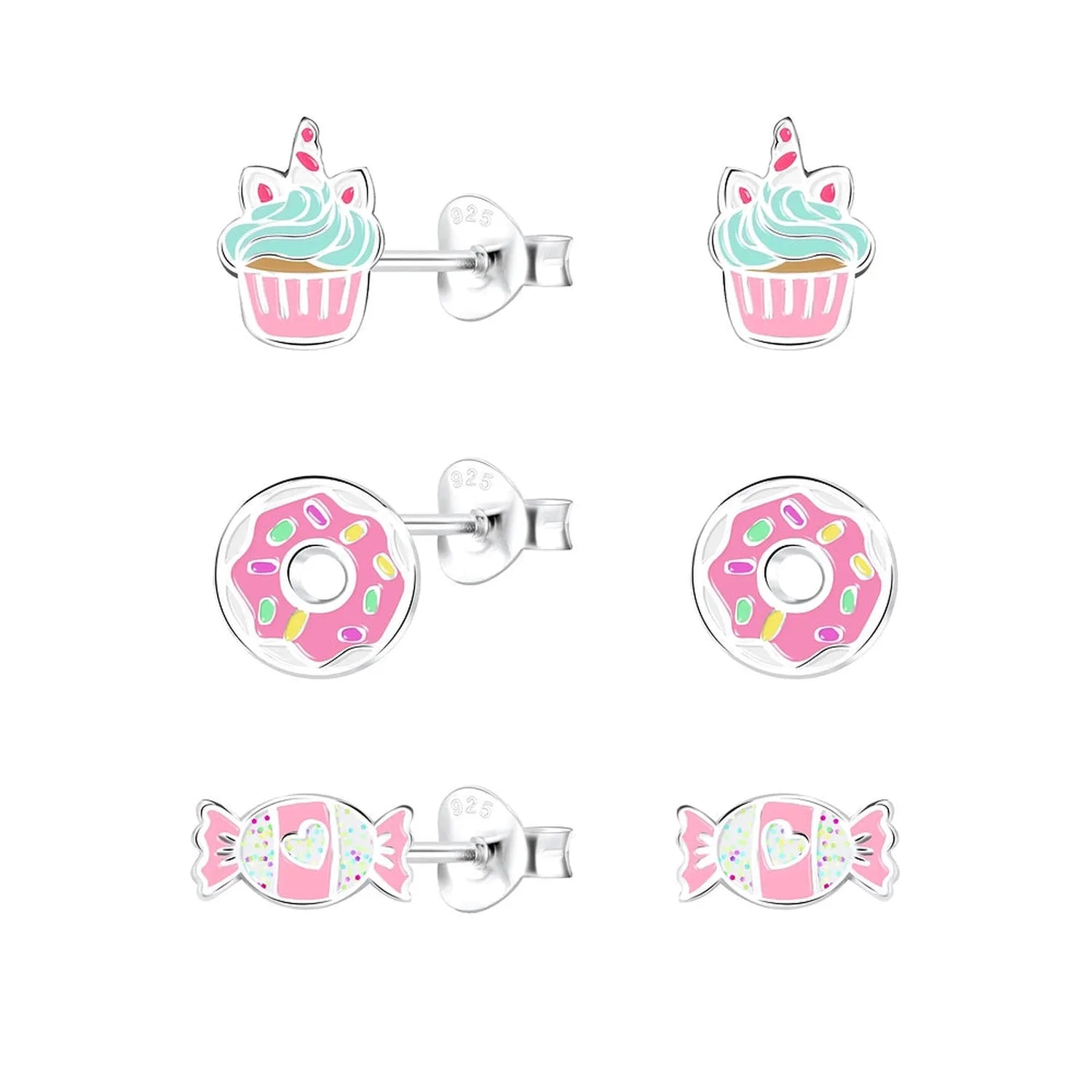 Melchior Jewellery cupcake and donut stud earrings set with pink, turquoise and multicoloured details in silver