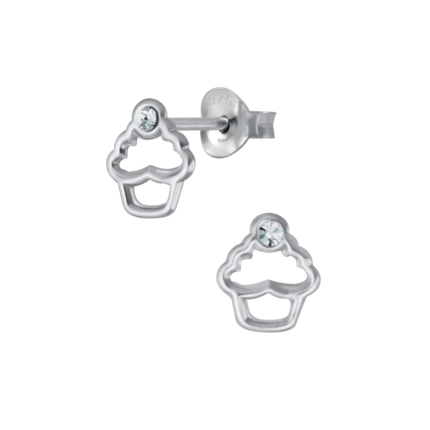 Cupcake design silver earrings for girls by Melchior Jewellery with crystal detail