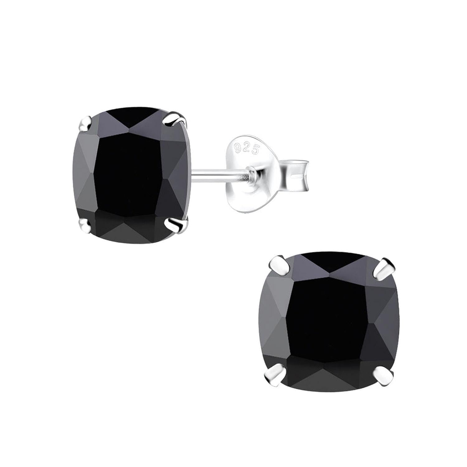 Melchior Jewellery Cushion Cut Black CZ Stud Earrings with silver prong setting and classic design
