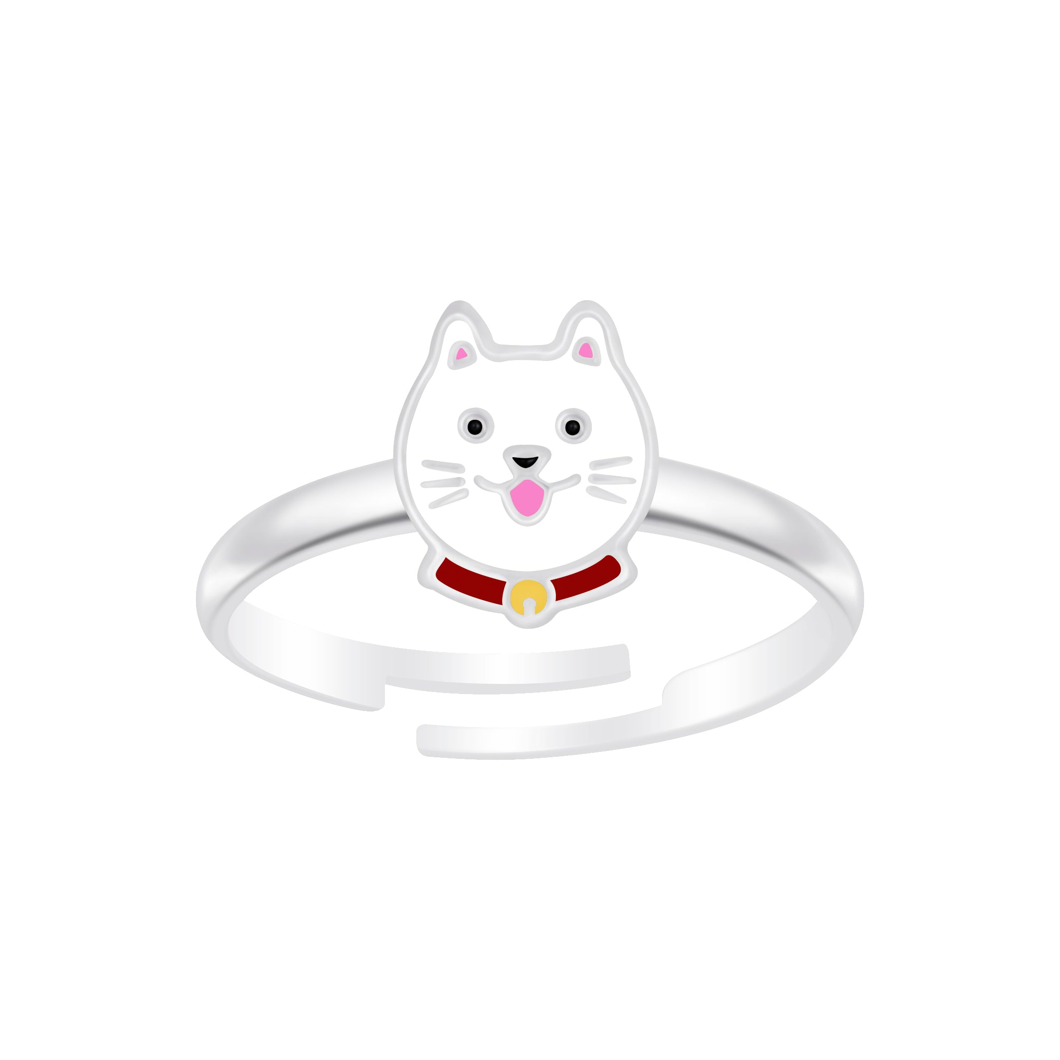 Melchior Jewellery cute cat ring for kids with white cat face and red collar on silver band