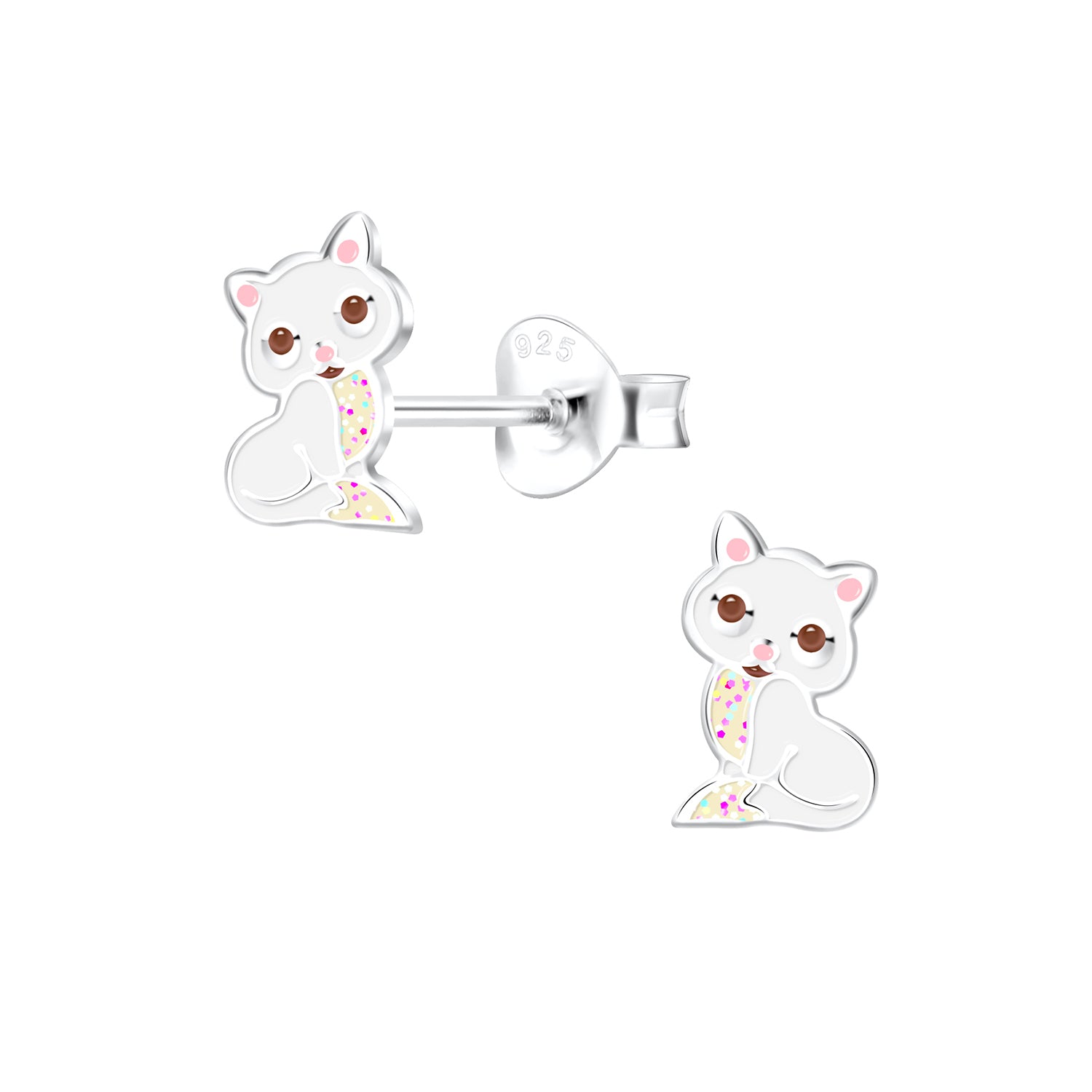 Melchior Jewellery cute cat stud earrings for kids in silver with colourful details